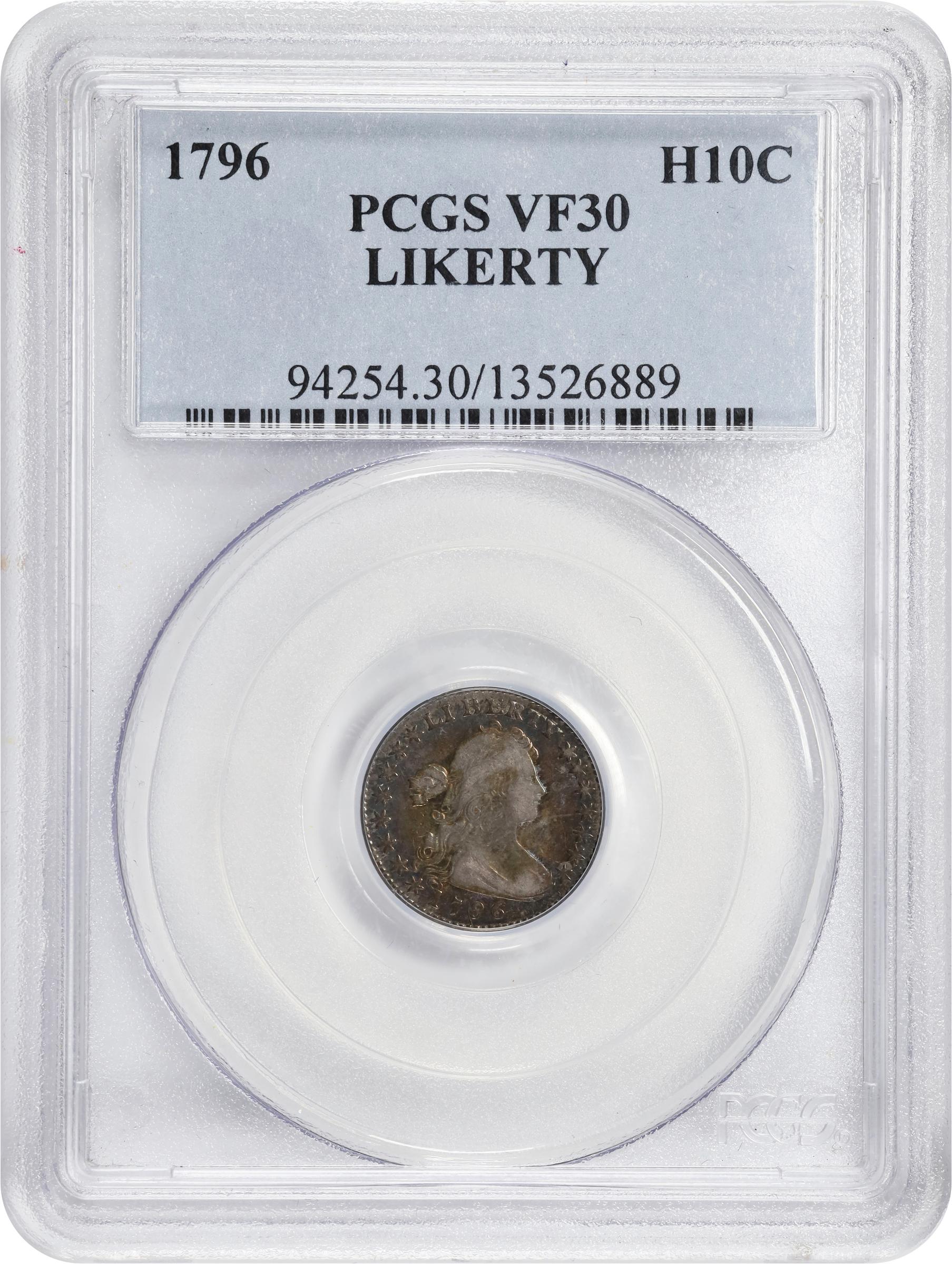 image for: 1796 Draped Bust Half Dime. LM-1, V-1. Rarity-3. LIKERTY. VF-30 (PCGS).