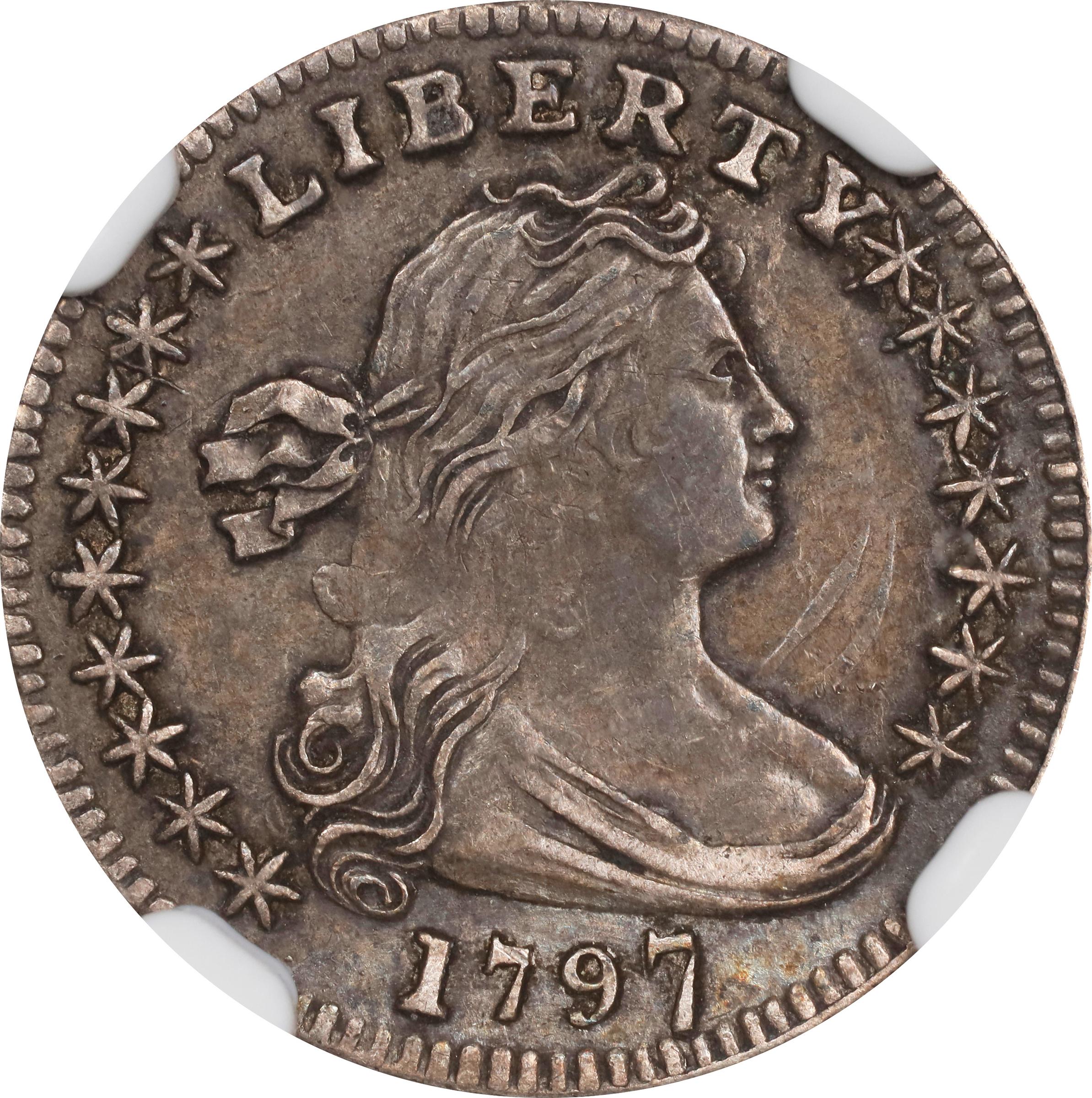 image for: 1797 Draped Bust Half Dime. LM-2, V-4. Rarity-4. 16 Stars. AU-50 (NGC).