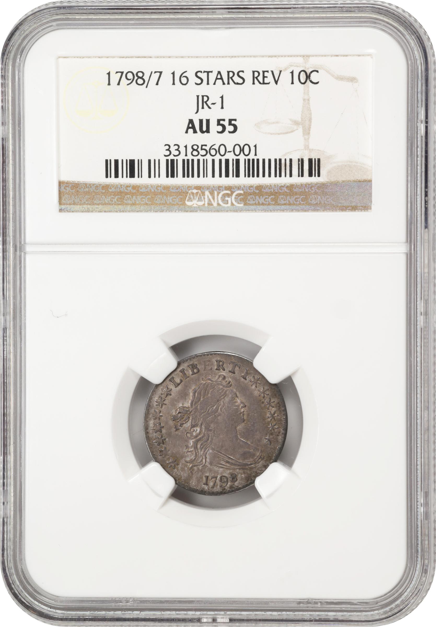 image for: 1798/7 Draped Bust Dime. JR-1. Rarity-3. 16 Stars on Reverse. AU-55 (NGC).