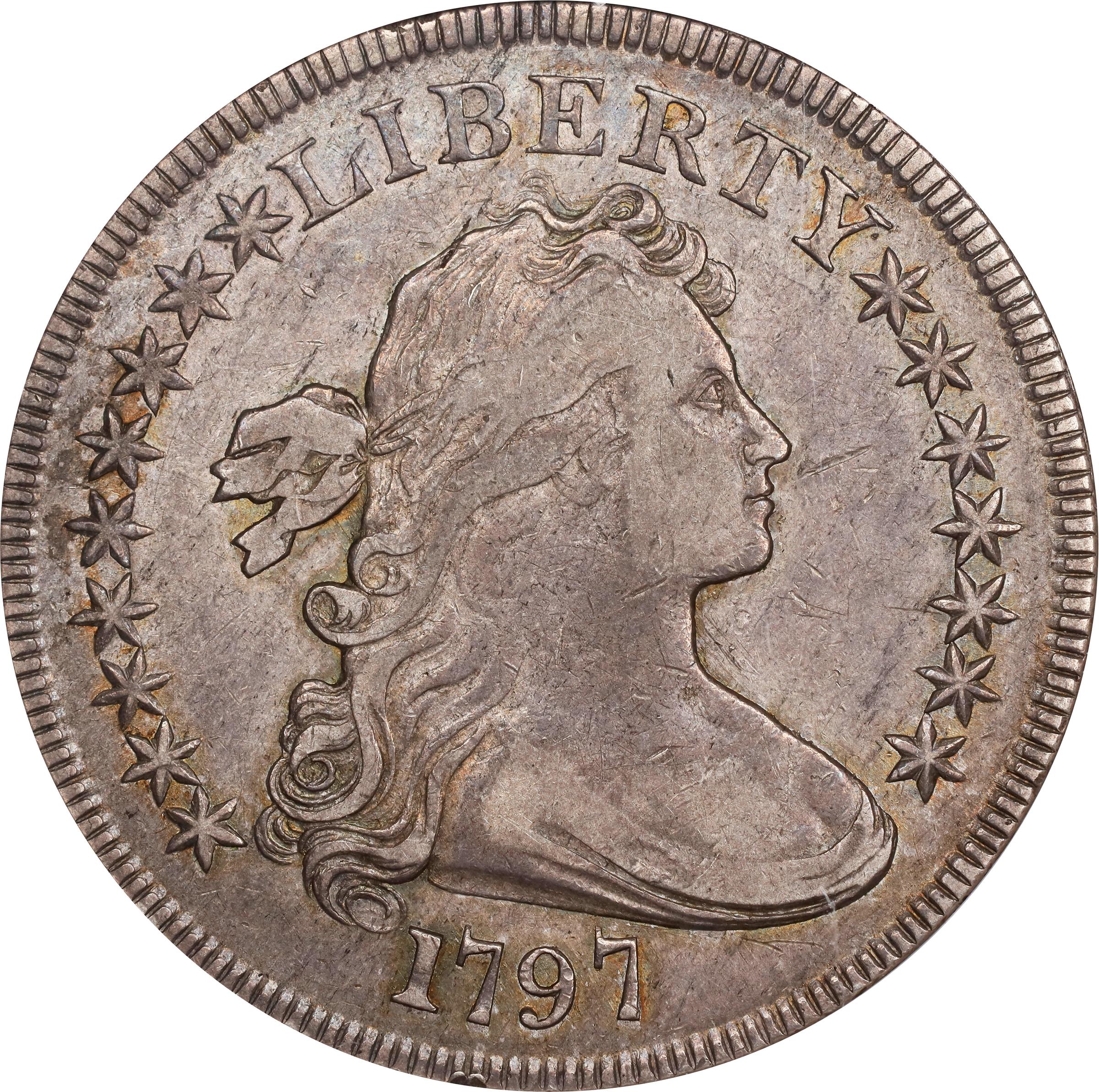 image for: 1797 Draped Bust Silver Dollar. BB-72, B-2. Rarity-4. Stars 9x7, Small Letters. EF-45 (NGC). CMQ.