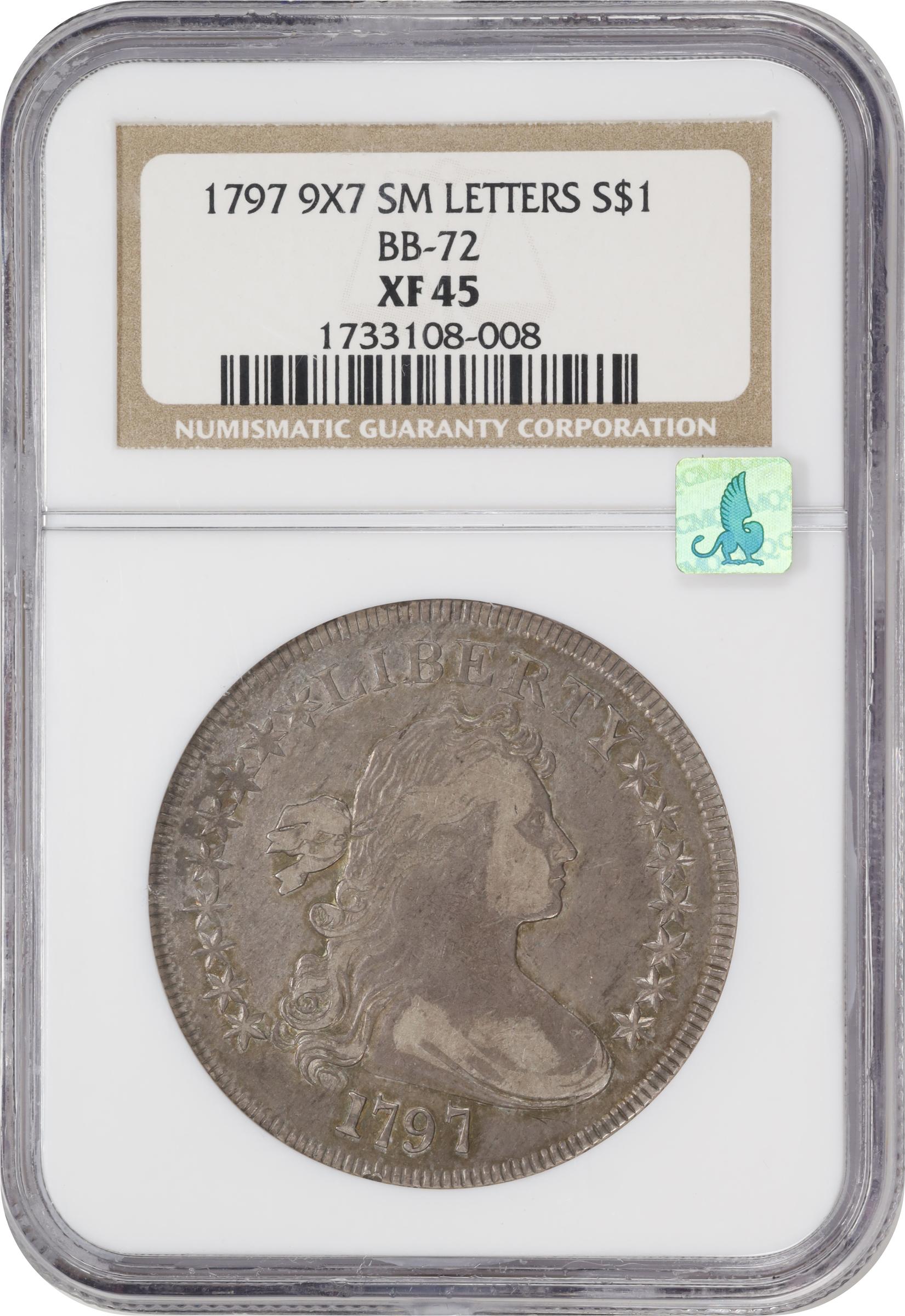 image for: 1797 Draped Bust Silver Dollar. BB-72, B-2. Rarity-4. Stars 9x7, Small Letters. EF-45 (NGC). CMQ.