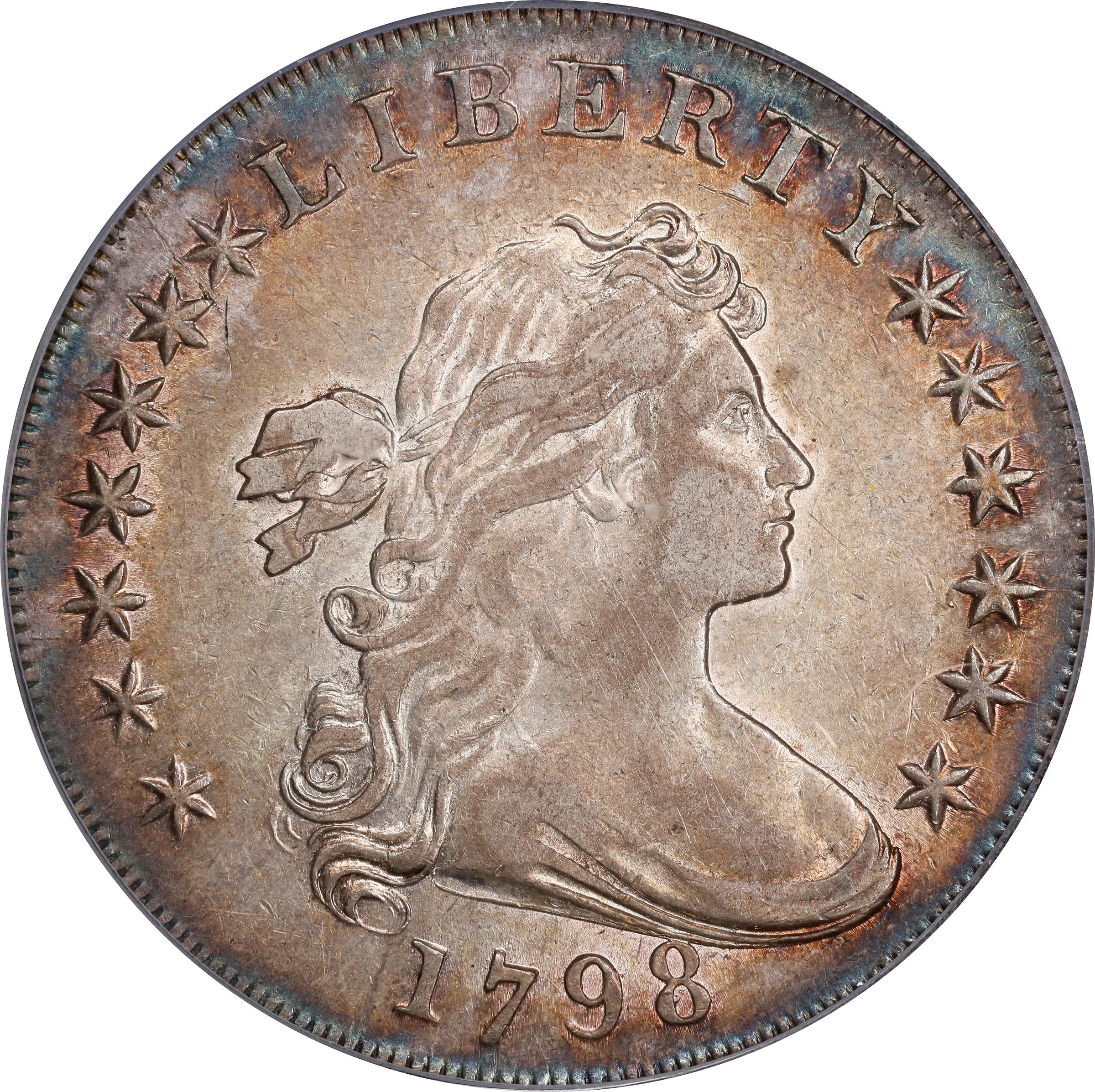 image for: 1798 Draped Bust Silver Dollar. Heraldic Eagle. BB-105, B-23a. Rarity-3. Pointed 9, Wide Date. AU-53 (PCGS). Gold CAC.