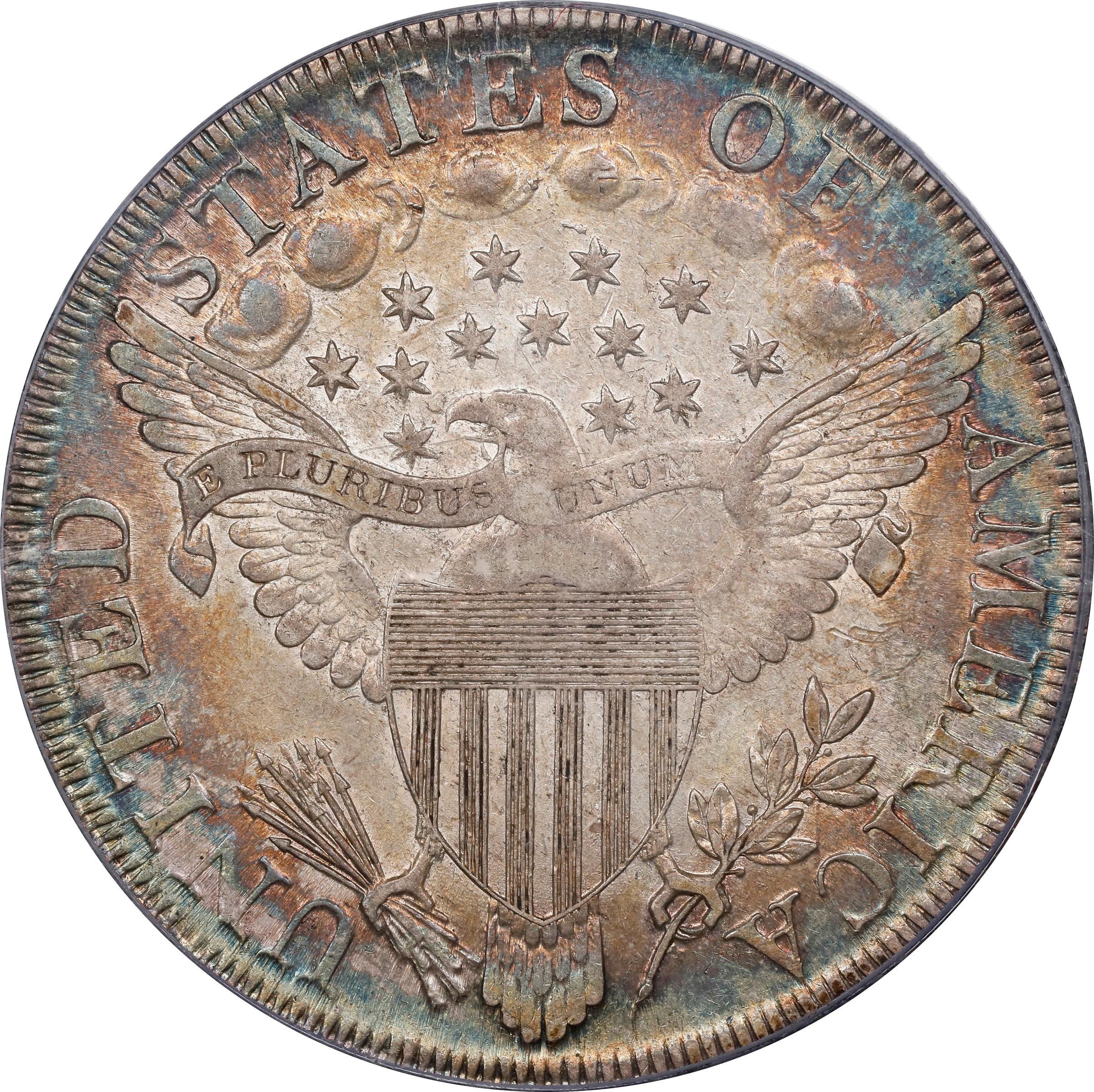 image for: 1798 Draped Bust Silver Dollar. Heraldic Eagle. BB-105, B-23a. Rarity-3. Pointed 9, Wide Date. AU-53 (PCGS). Gold CAC.
