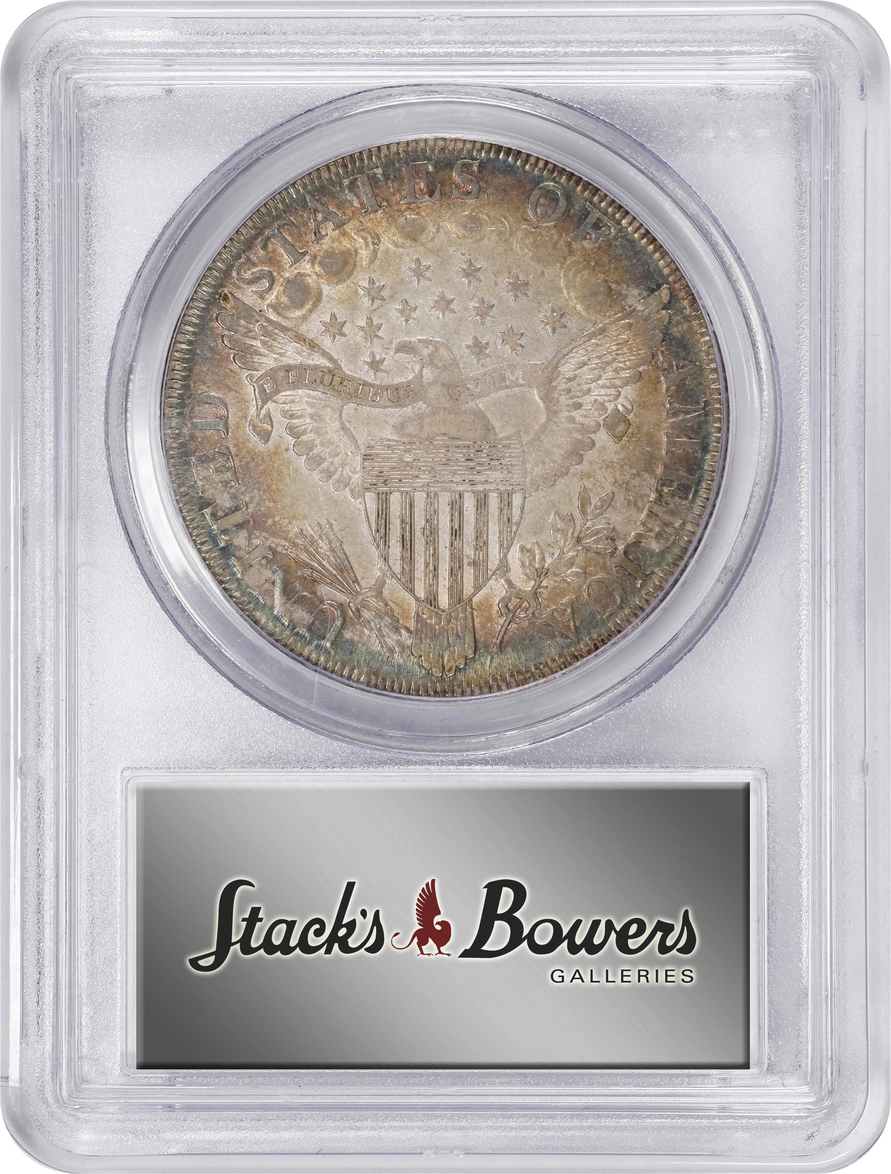 image for: 1798 Draped Bust Silver Dollar. Heraldic Eagle. BB-105, B-23a. Rarity-3. Pointed 9, Wide Date. AU-53 (PCGS). Gold CAC.
