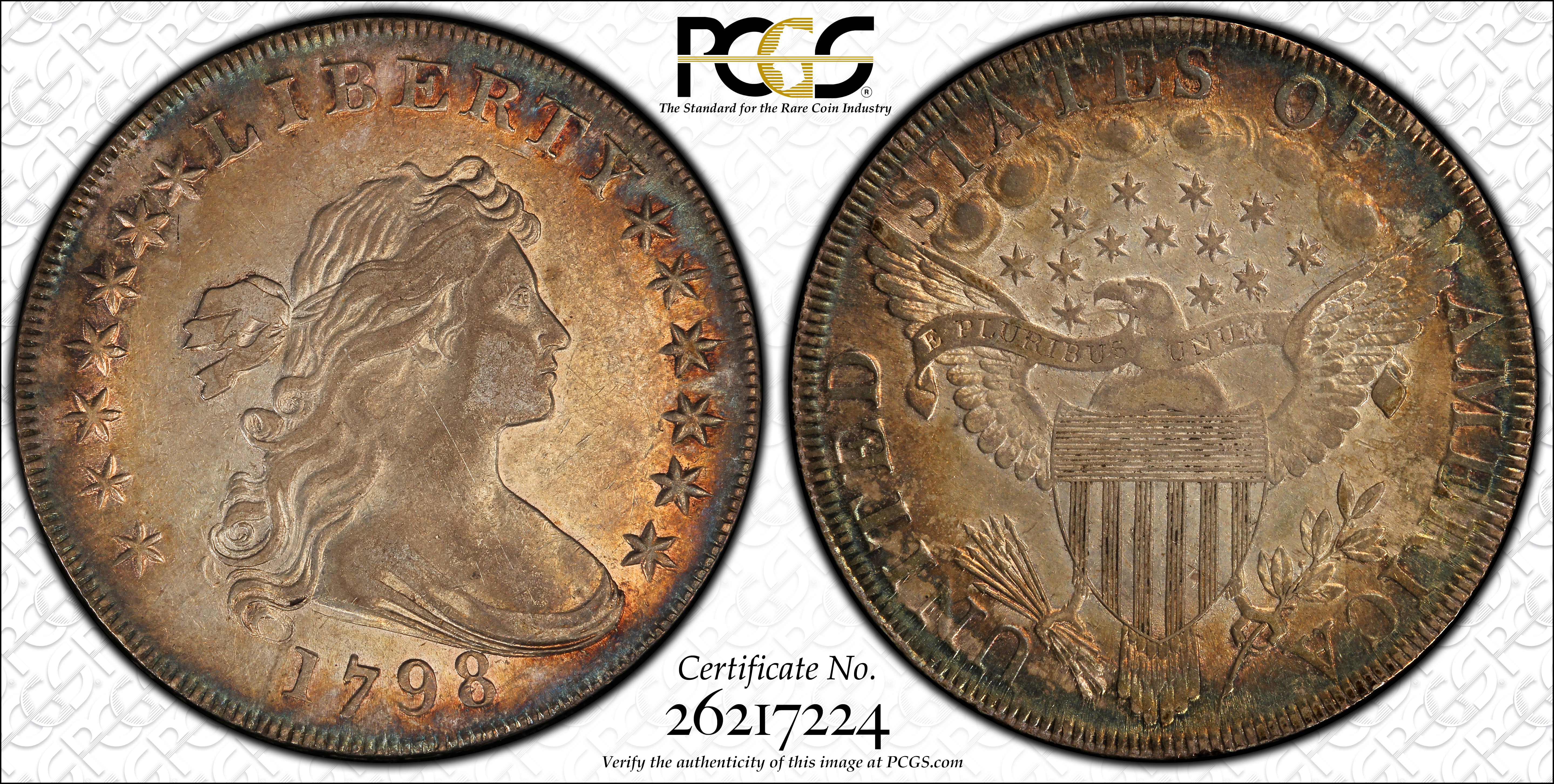 image for: 1798 Draped Bust Silver Dollar. Heraldic Eagle. BB-105, B-23a. Rarity-3. Pointed 9, Wide Date. AU-53 (PCGS). Gold CAC.