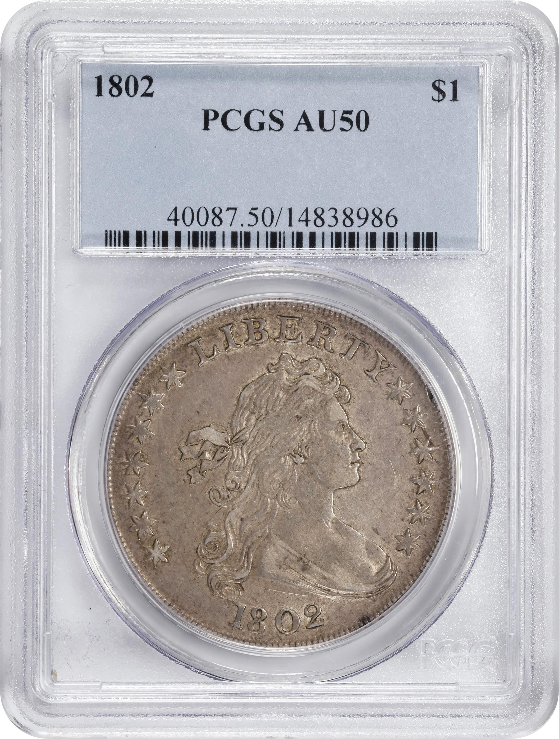 image for: 1802 Draped Bust Silver Dollar. BB-241, B-6. Rarity-1. Narrow Date. AU-50 (PCGS).