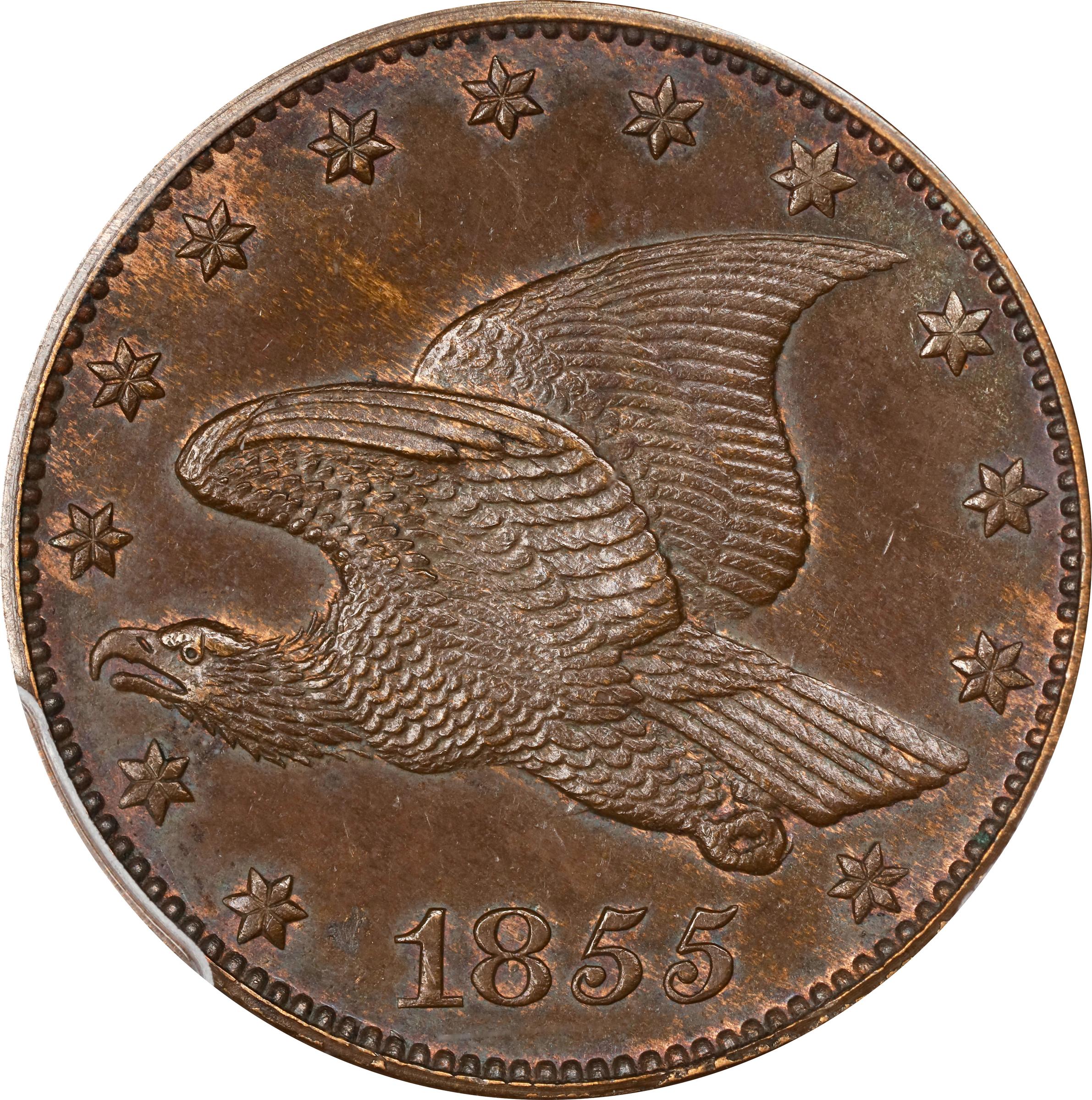 image for: 1855 Pattern Flying Eagle Cent. Judd-167 Original, Pollock-193. Rarity-5. Copper. Plain Edge. Proof-64 BN (PCGS).