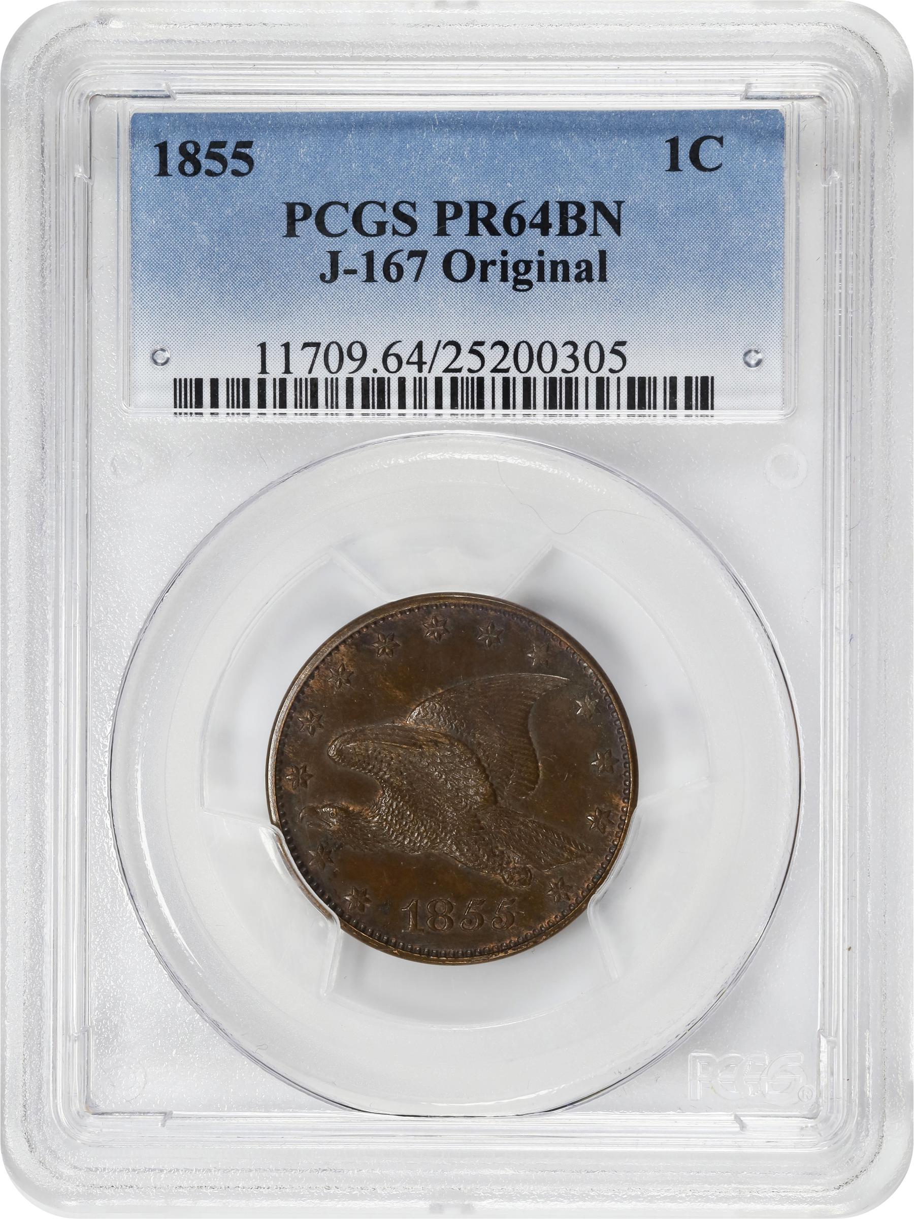 image for: 1855 Pattern Flying Eagle Cent. Judd-167 Original, Pollock-193. Rarity-5. Copper. Plain Edge. Proof-64 BN (PCGS).