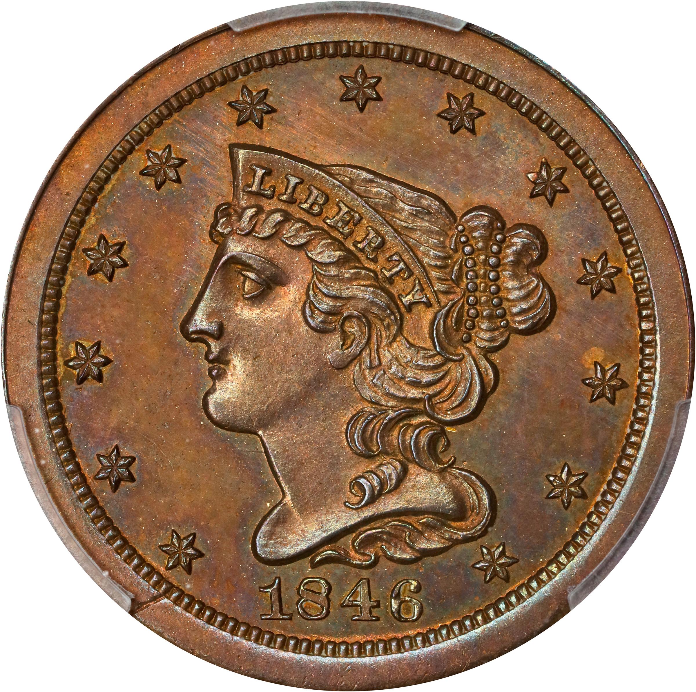 image for: 1846 Braided Hair Half Cent. Second Restrike. B-3. Rarity-6. Small Berries, Reverse of 1840. Proof-63 BN (PCGS). CAC. CMQ.