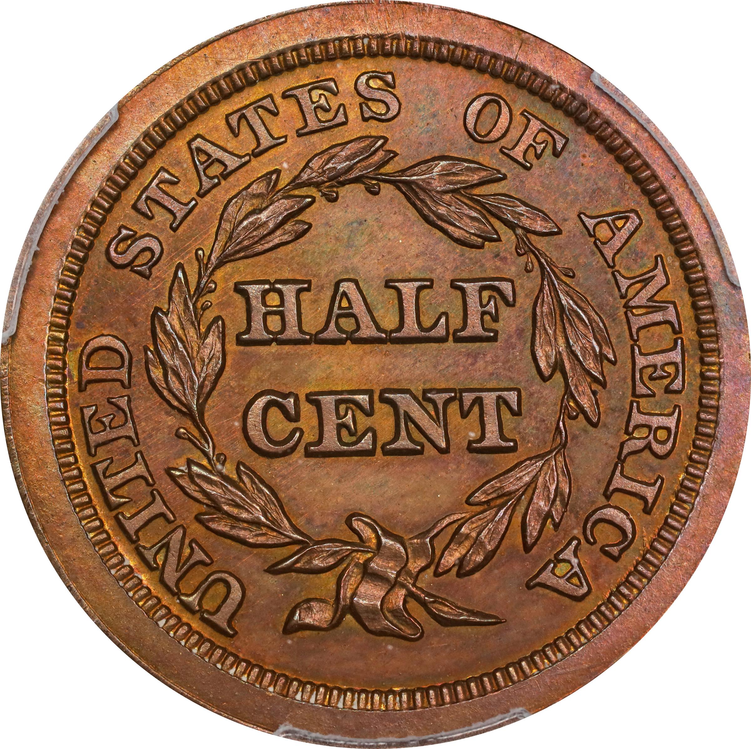 image for: 1846 Braided Hair Half Cent. Second Restrike. B-3. Rarity-6. Small Berries, Reverse of 1840. Proof-63 BN (PCGS). CAC. CMQ.