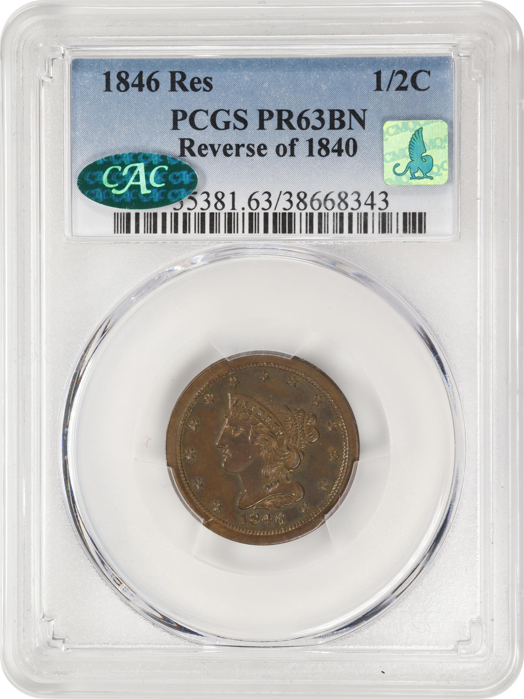 image for: 1846 Braided Hair Half Cent. Second Restrike. B-3. Rarity-6. Small Berries, Reverse of 1840. Proof-63 BN (PCGS). CAC. CMQ.