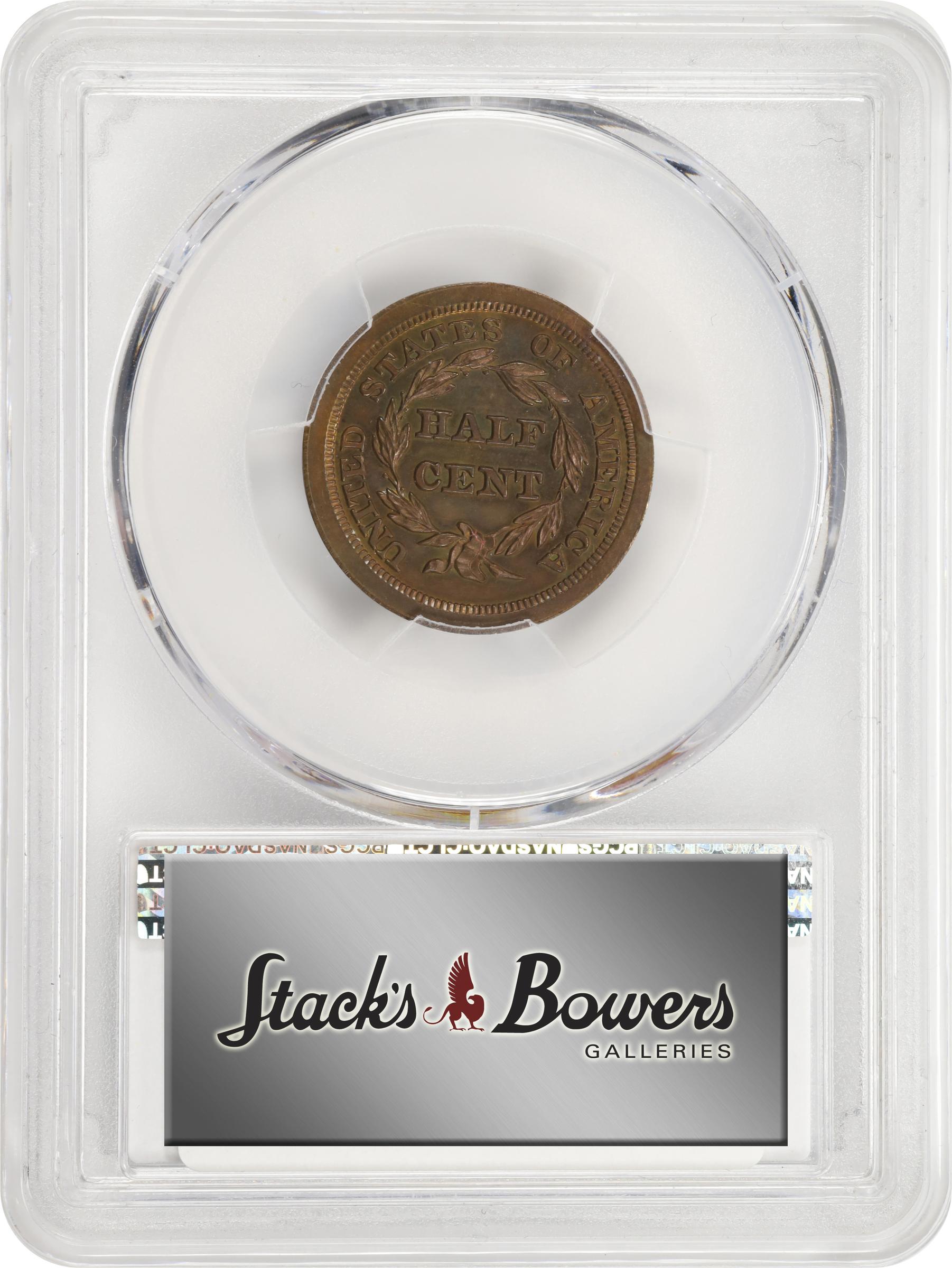 image for: 1846 Braided Hair Half Cent. Second Restrike. B-3. Rarity-6. Small Berries, Reverse of 1840. Proof-63 BN (PCGS). CAC. CMQ.