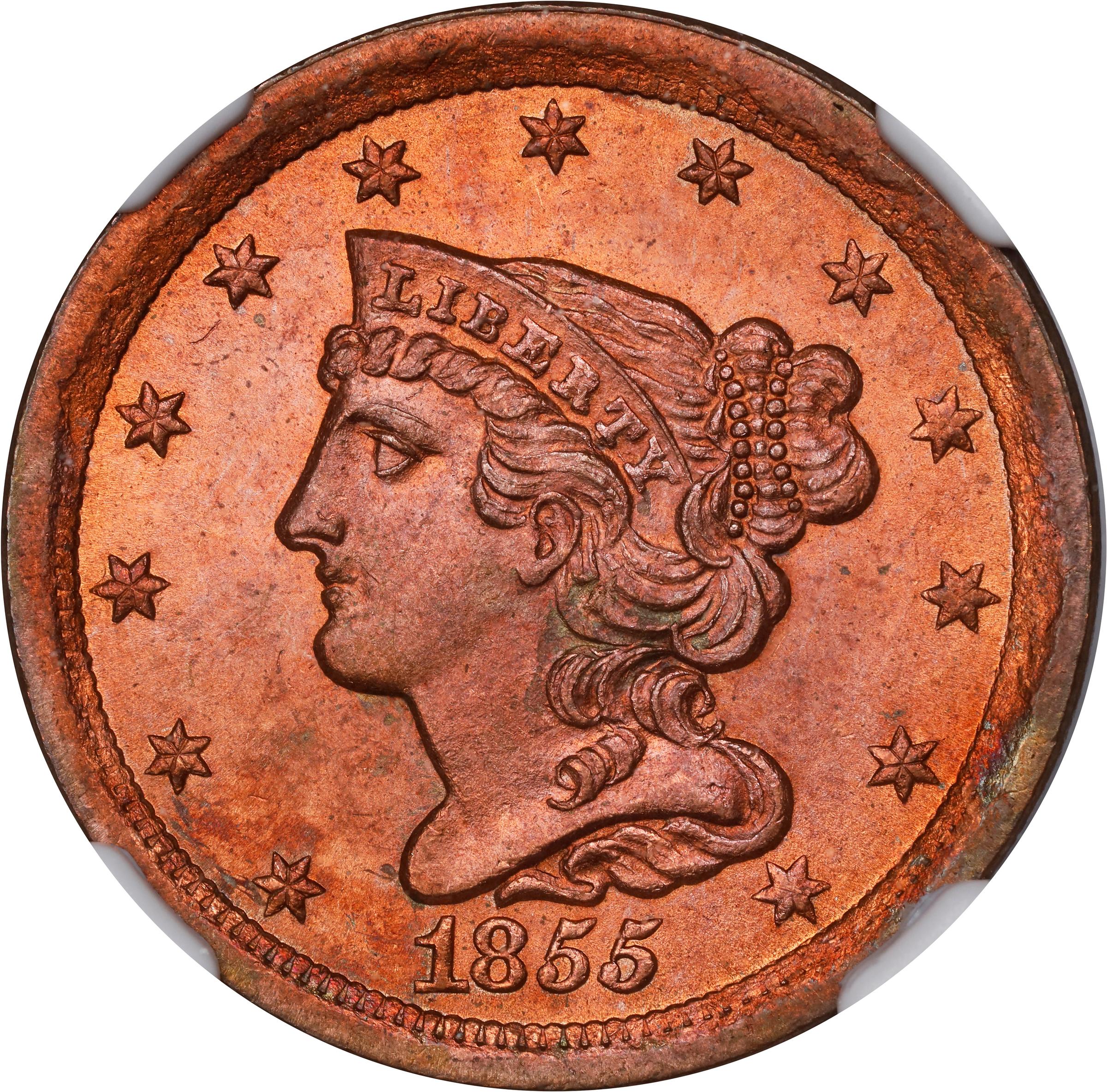 image for: 1855 Braided Hair Half Cent. C-1. Rarity-1. MS-65+ RD (NGC).