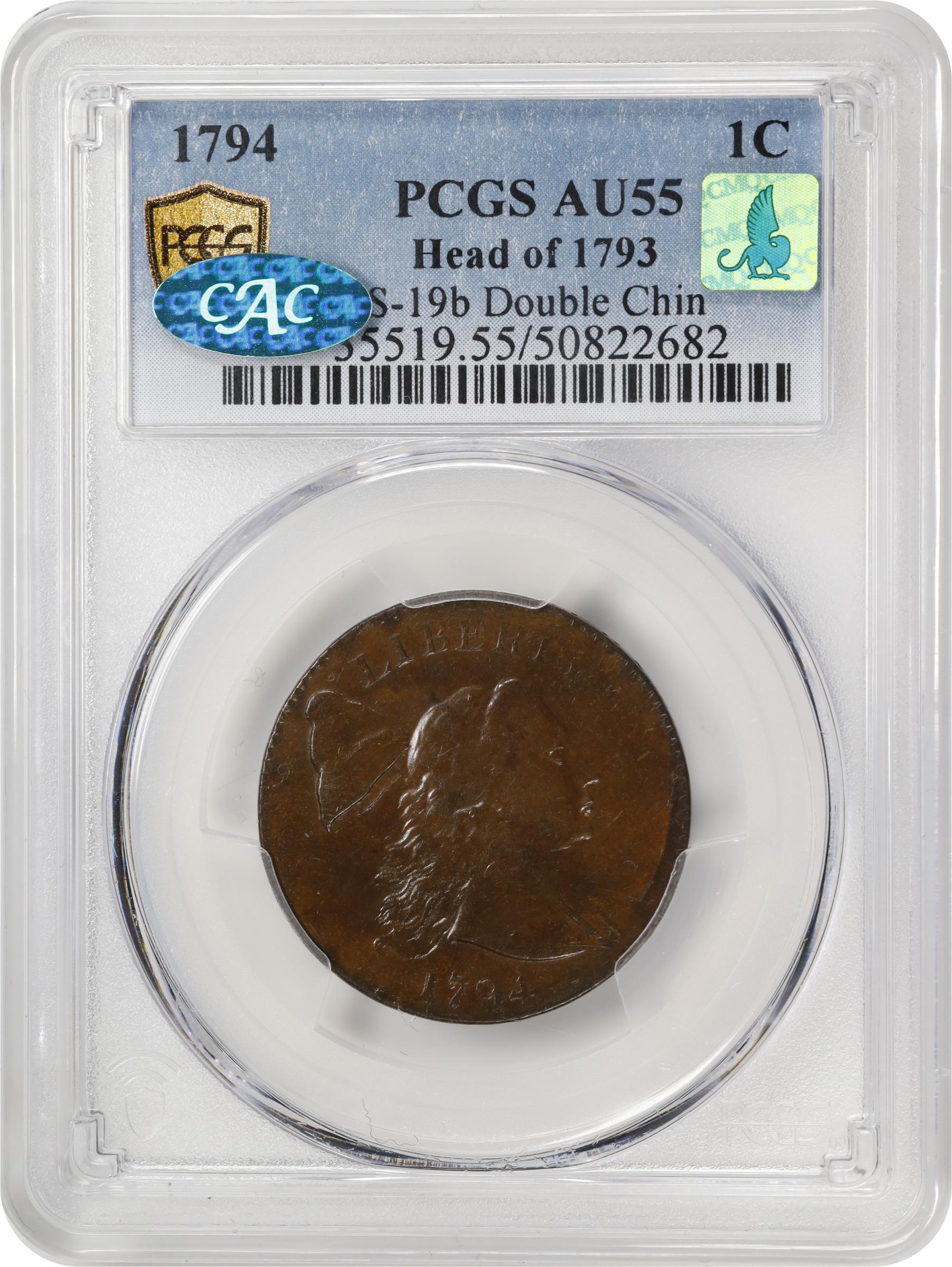 image for: 1794 Liberty Cap Cent. S-19b, B-3b. Rarity-4+. Head of 1793, Double Chin. AU-55 (PCGS). CAC. CMQ.