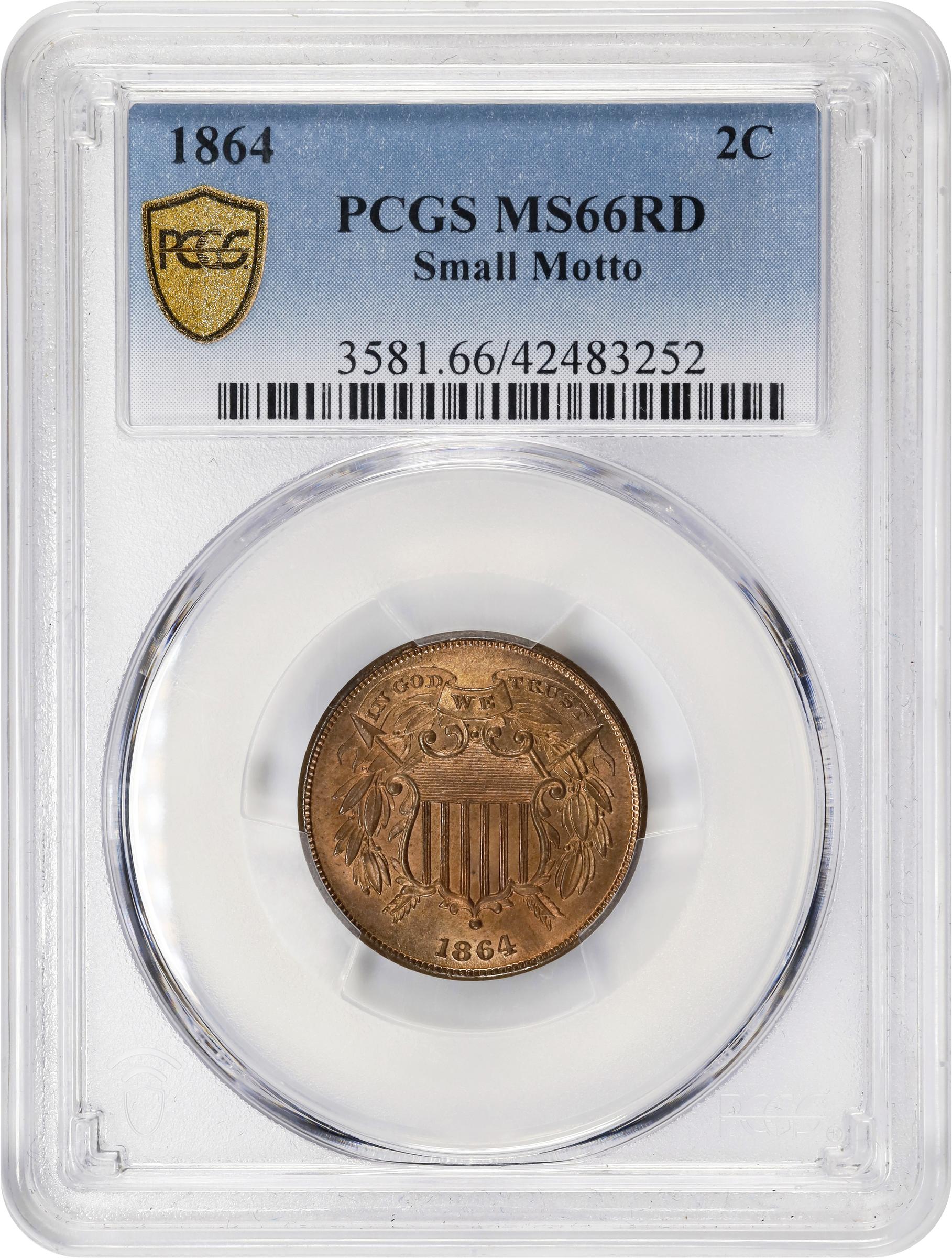 image for: 1864 Two-Cent Piece. FS-401. Small Motto. MS-66 RD (PCGS).