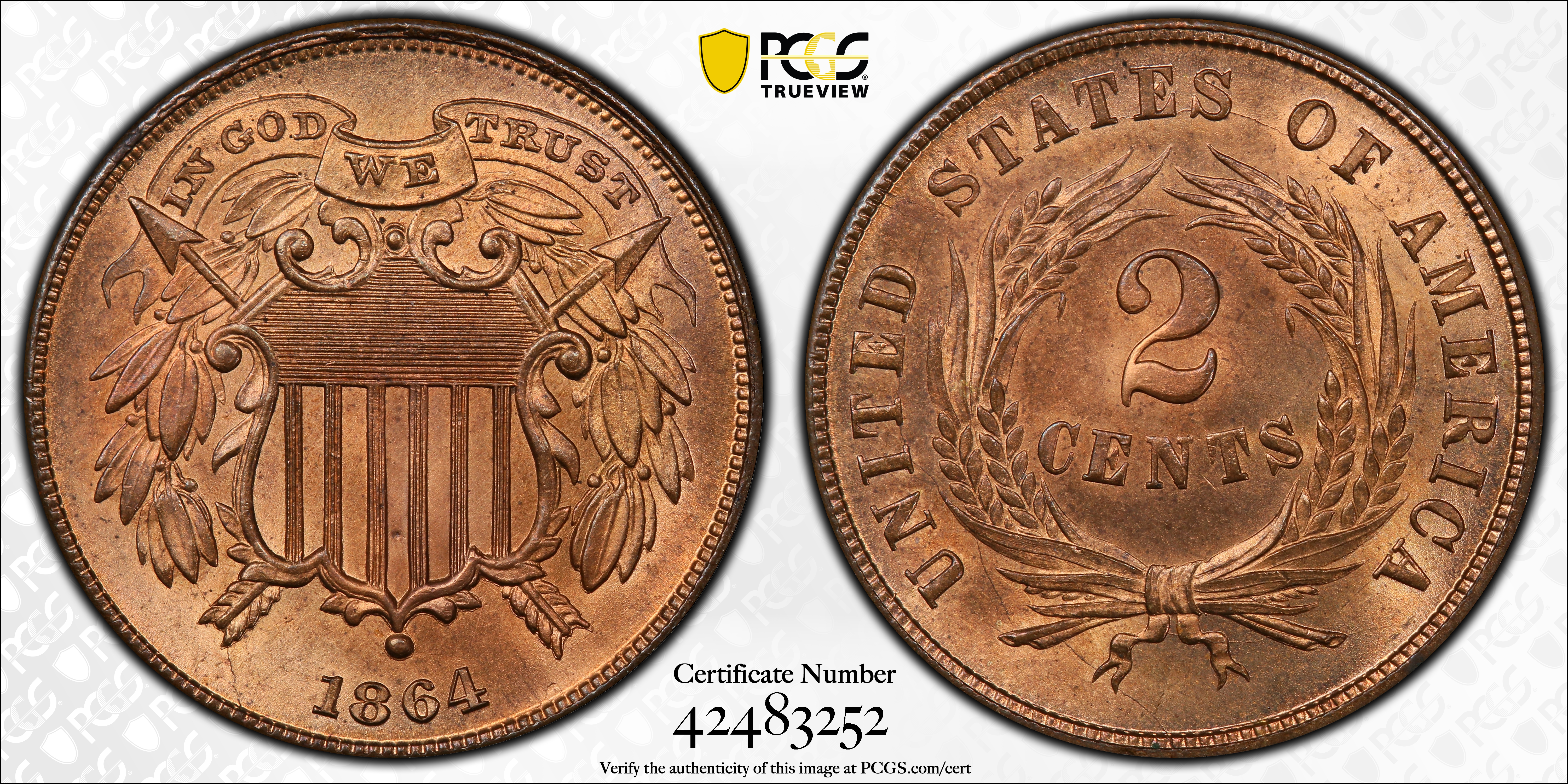image for: 1864 Two-Cent Piece. FS-401. Small Motto. MS-66 RD (PCGS).