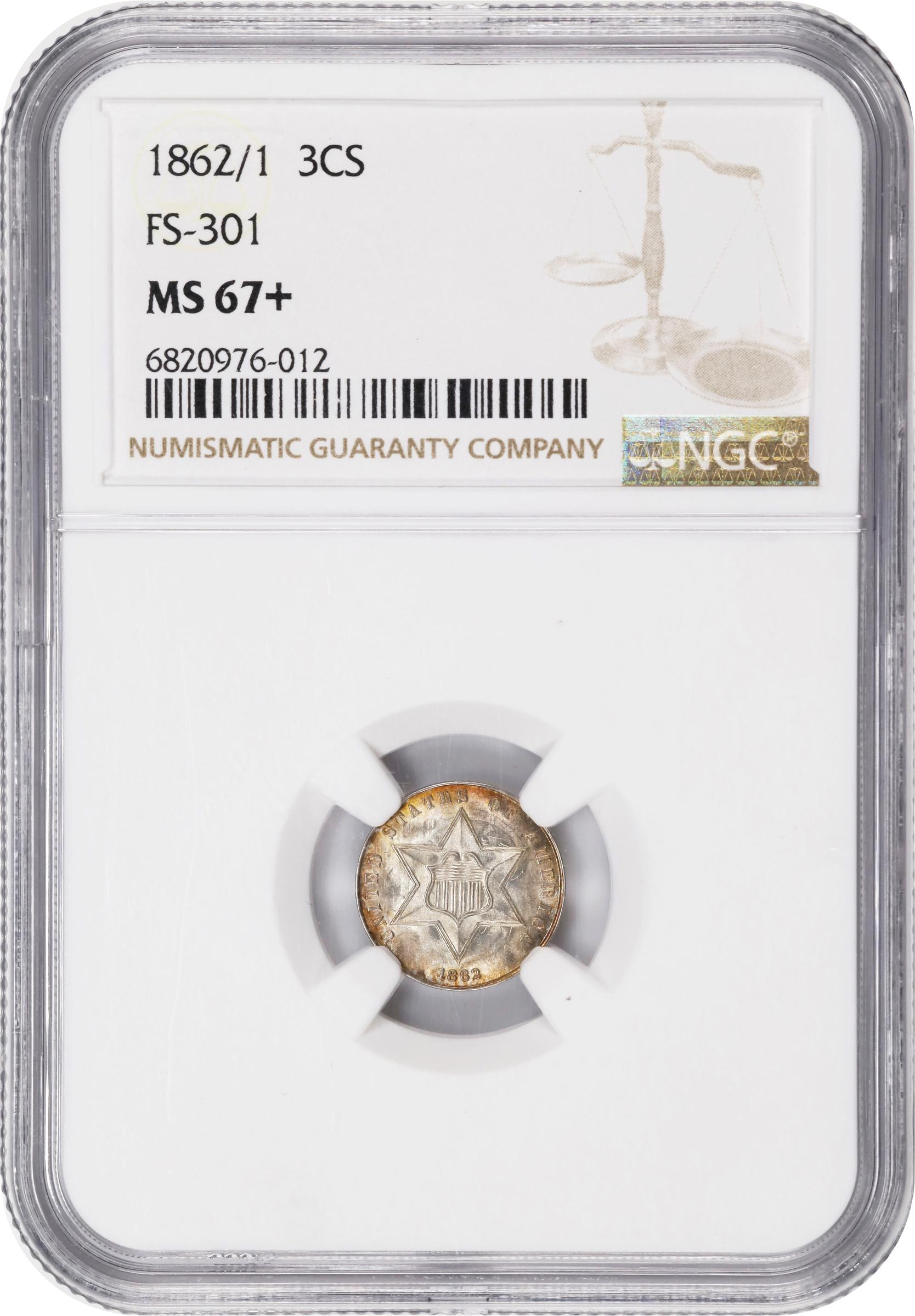 image for: 1862/1 Silver Three-Cent Piece. FS-301. MS-67+ (NGC).