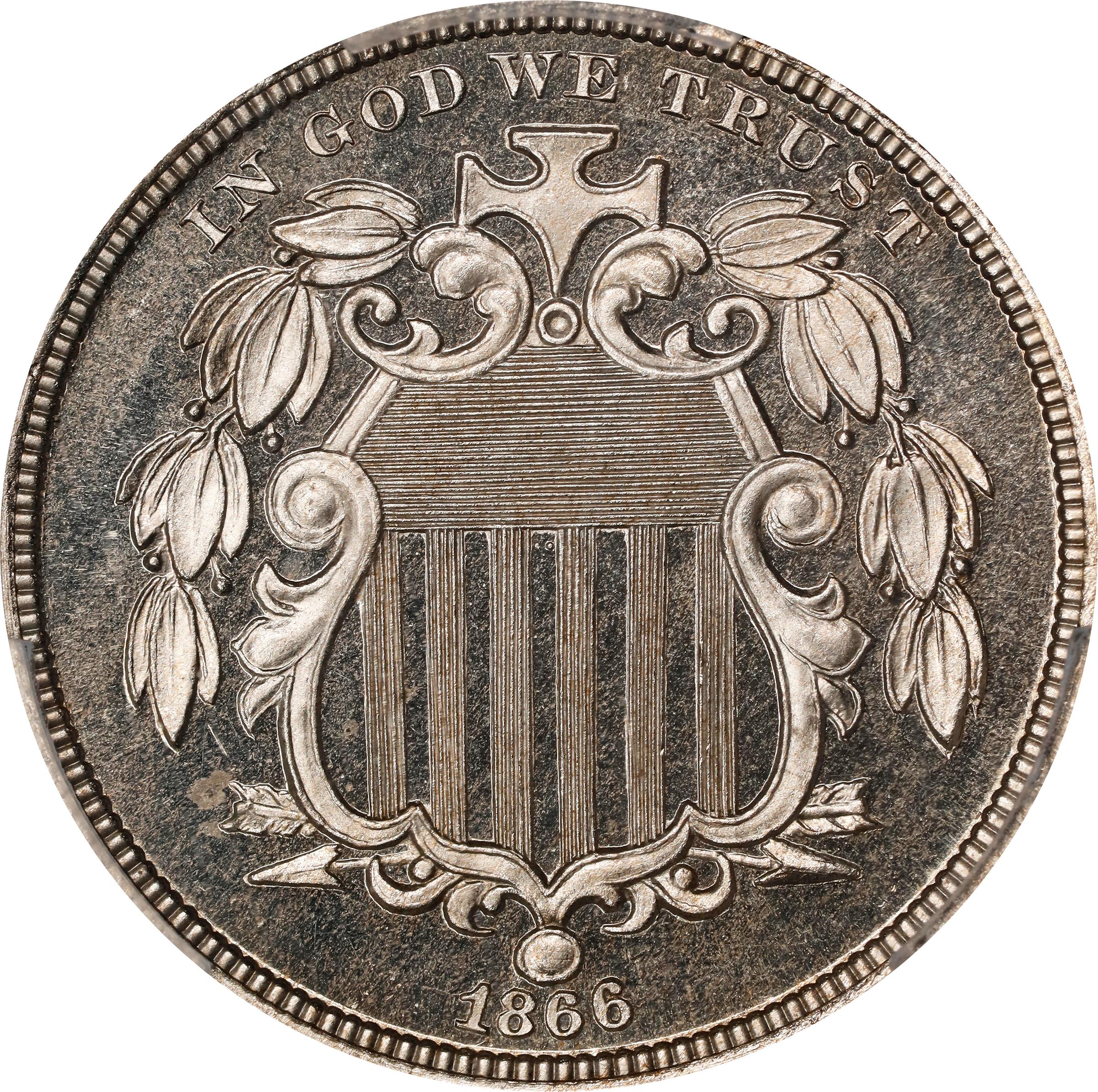 image for: 1866 Shield Nickel. Rays. JD-1. Rarity-3-. Proof-66+ Deep Cameo (PCGS).