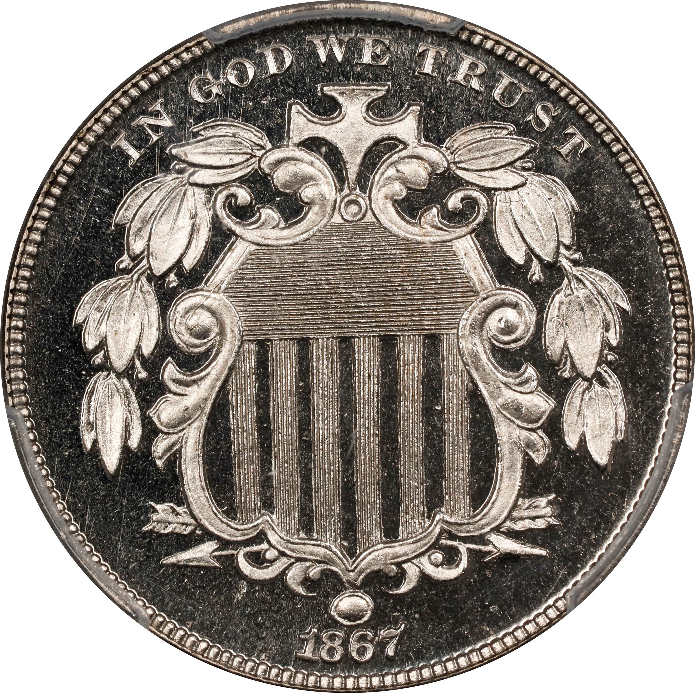 image for: 1867 Shield Nickel. No Rays. JD-2. Rarity-2+. Type II Reverse. Proof-67 Deep Cameo (PCGS). CAC. CMQ.