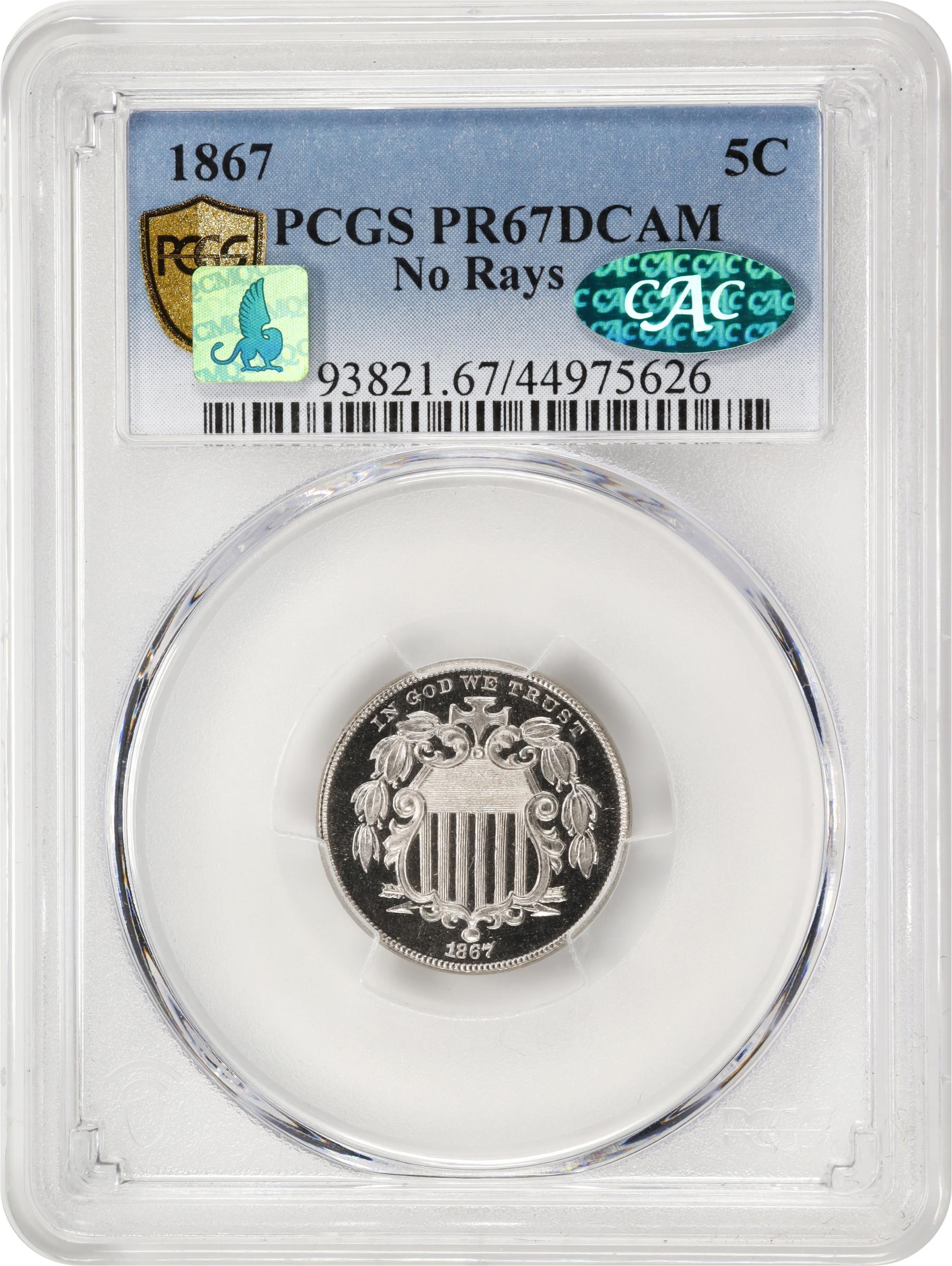 image for: 1867 Shield Nickel. No Rays. JD-2. Rarity-2+. Type II Reverse. Proof-67 Deep Cameo (PCGS). CAC. CMQ.