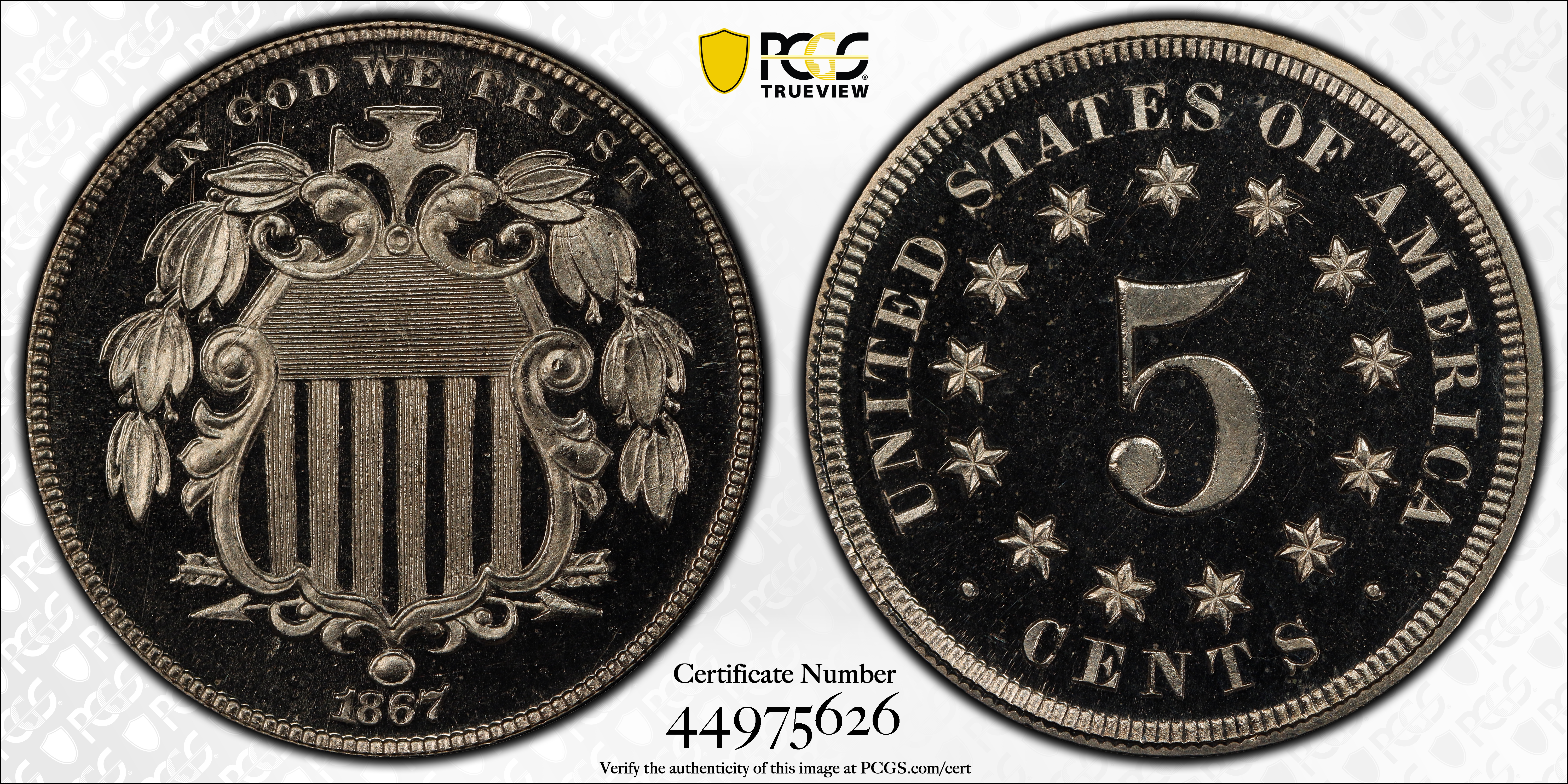 image for: 1867 Shield Nickel. No Rays. JD-2. Rarity-2+. Type II Reverse. Proof-67 Deep Cameo (PCGS). CAC. CMQ.
