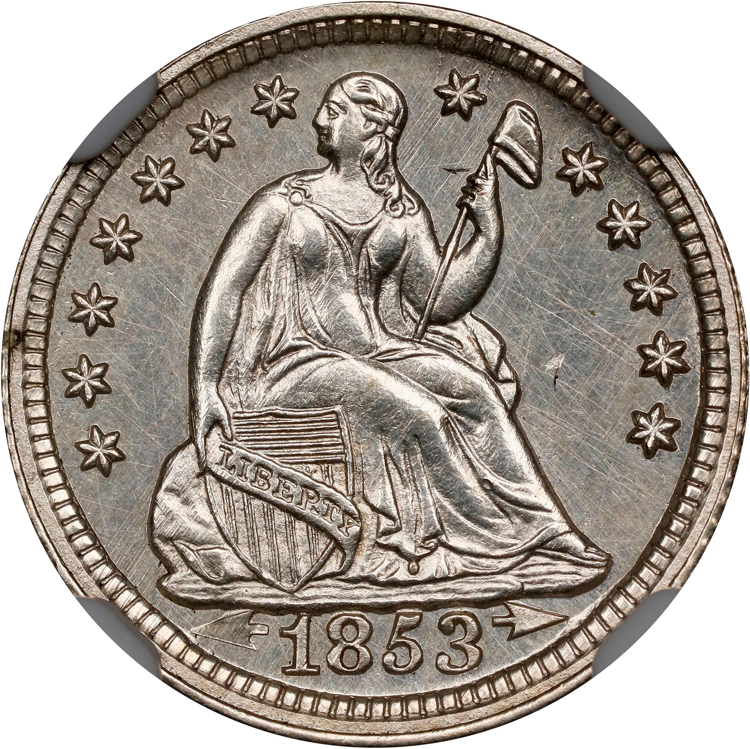 image for: 1853 Liberty Seated Half Dime. Arrows. Proof-61 (NGC).