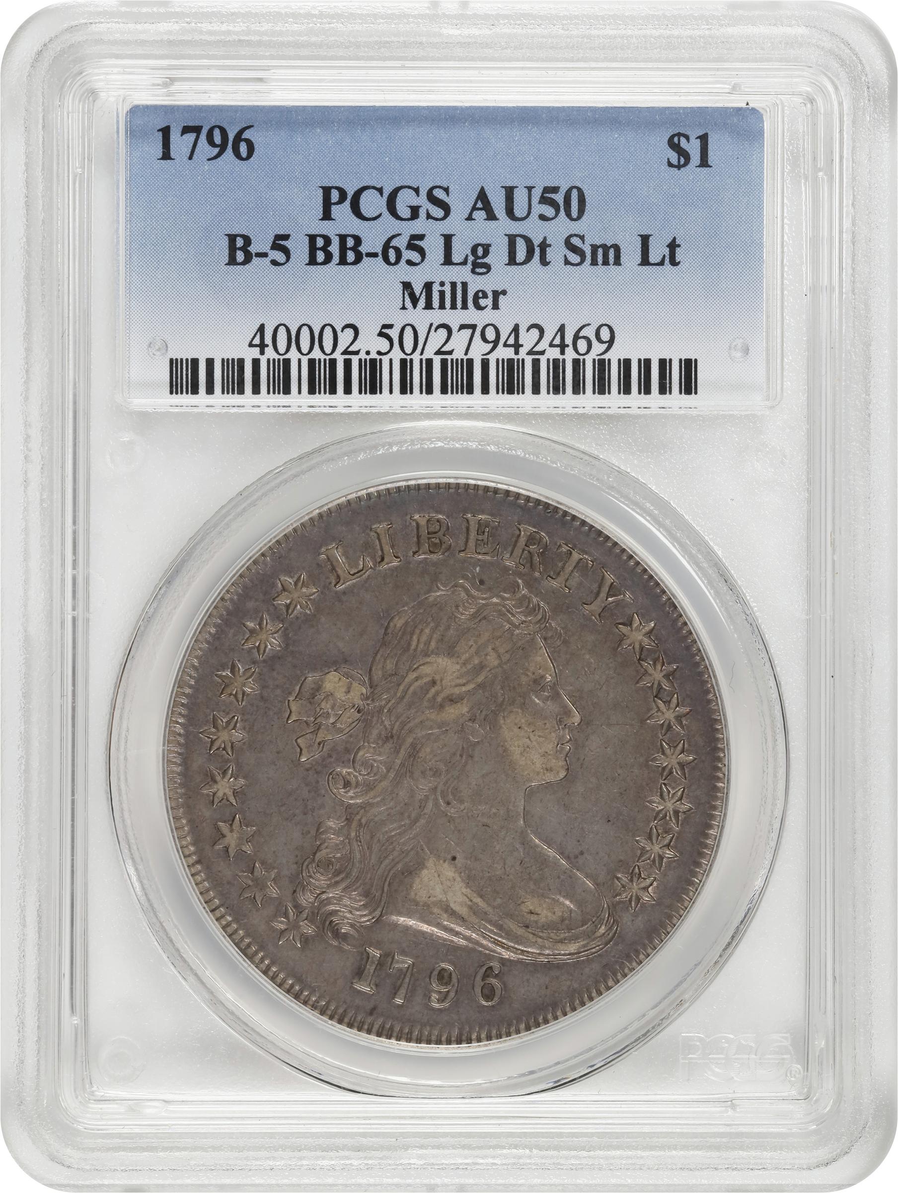 image for: 1796 Draped Bust Silver Dollar. BB-65, B-5. Rarity-3-. Large Date, Small Letters. AU-50 (PCGS).