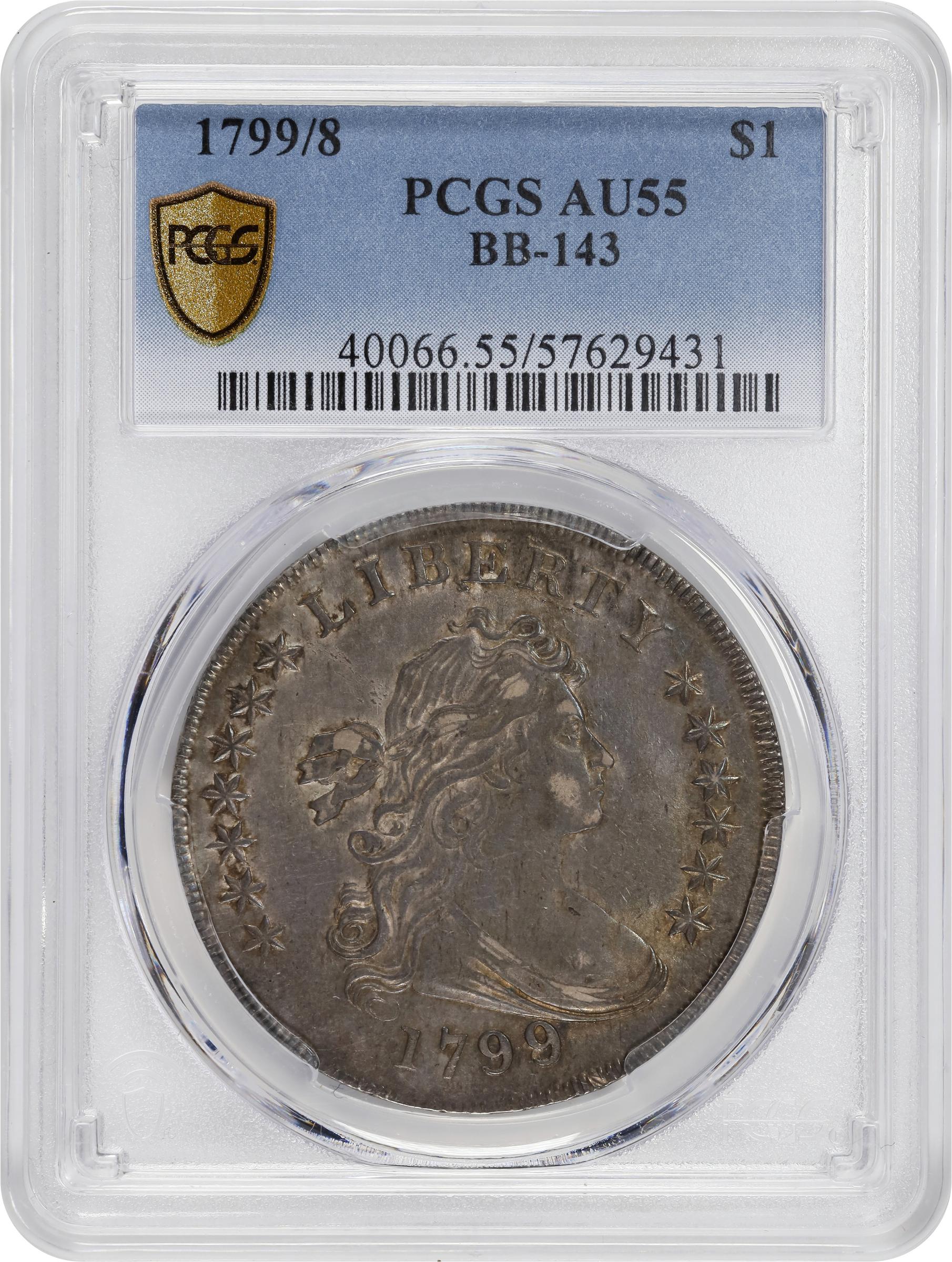 image for: 1799/8 Draped Bust Silver Dollar. BB-143, B-2. Rarity-4. 13-Star Reverse. AU-55 (PCGS).