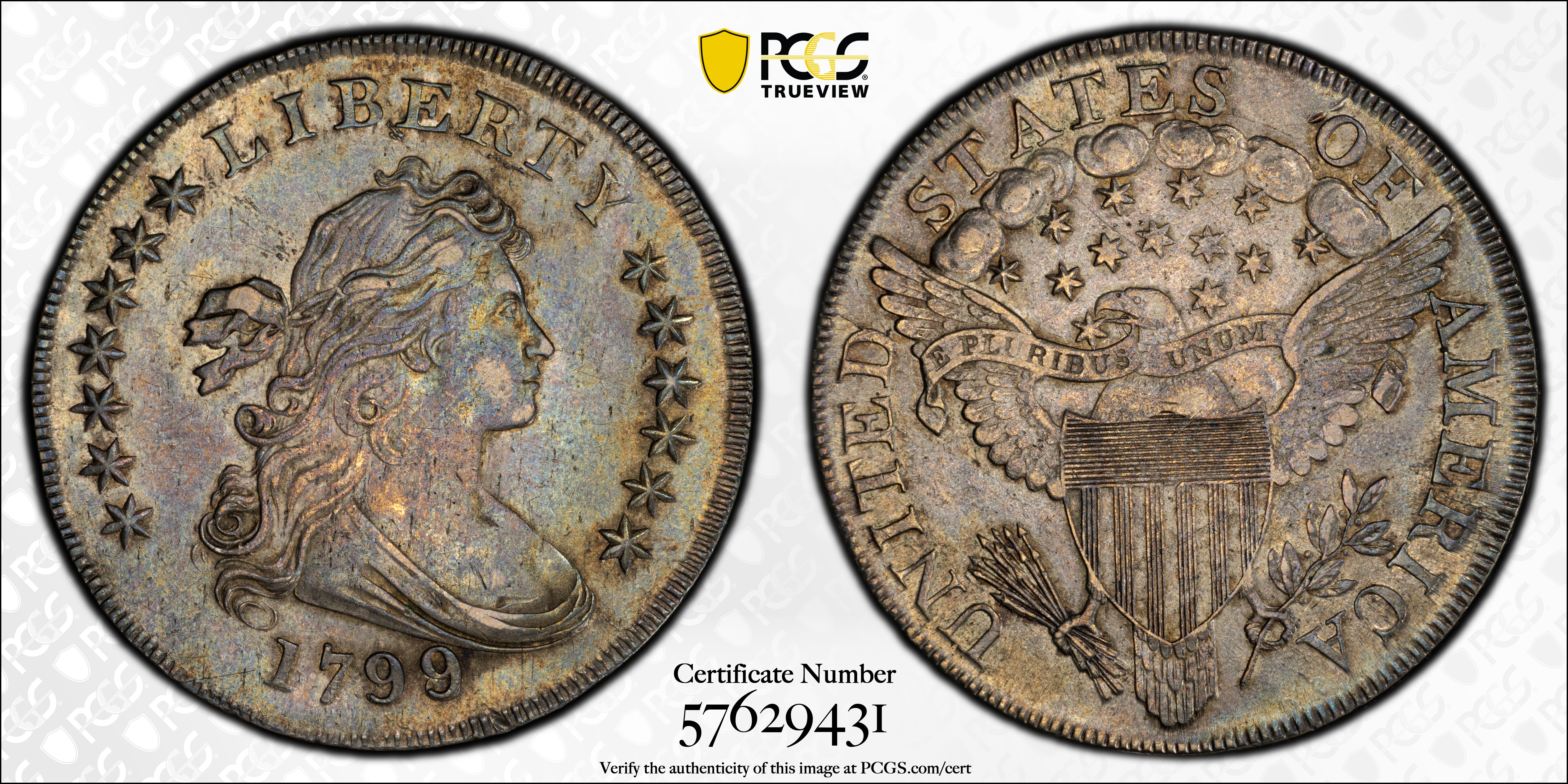 image for: 1799/8 Draped Bust Silver Dollar. BB-143, B-2. Rarity-4. 13-Star Reverse. AU-55 (PCGS).