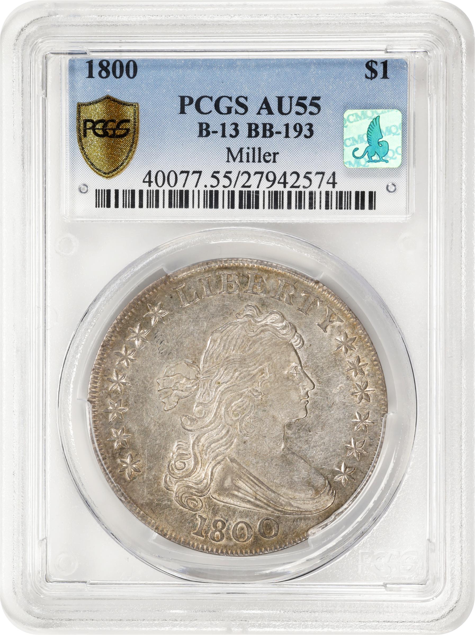 image for: 1800 Draped Bust Silver Dollar. BB-193, B-13, 18. Rarity-4. AU-55 (PCGS). CMQ.