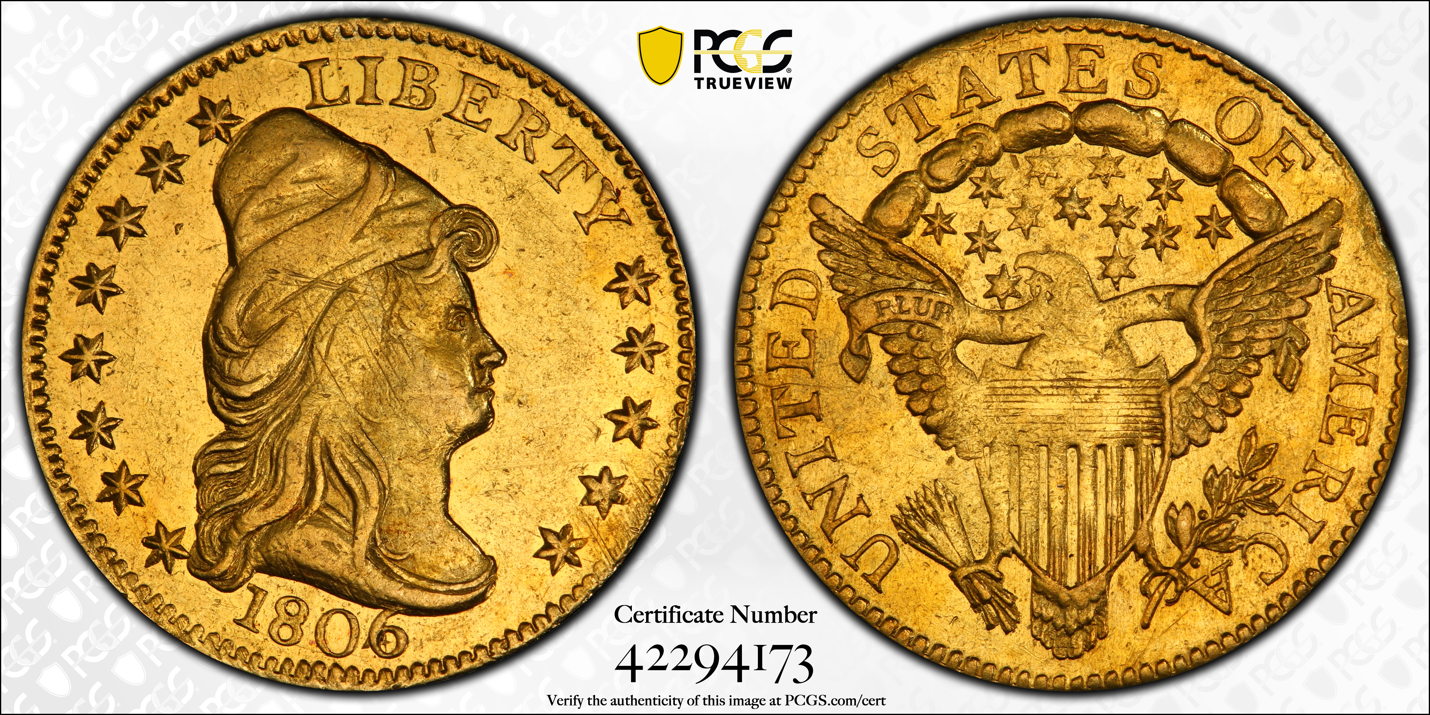 image for: 1806/4 Capped Bust Right Quarter Eagle. BD-1. Rarity-4+. Stars 8x5. AU-58 (PCGS).