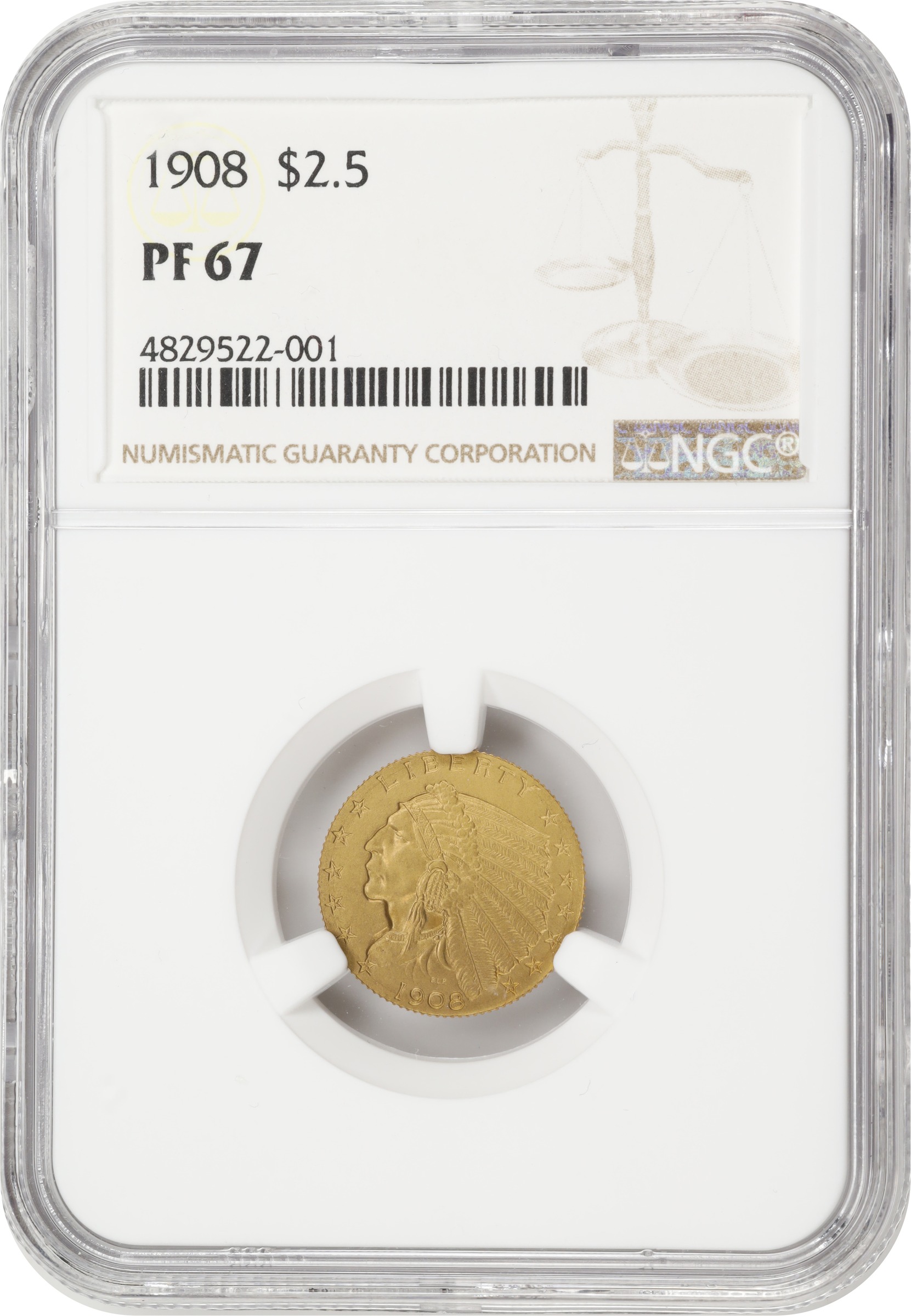 image for: 1908 Indian Quarter Eagle. JD-1. Rarity-4. Proof-67 (NGC).