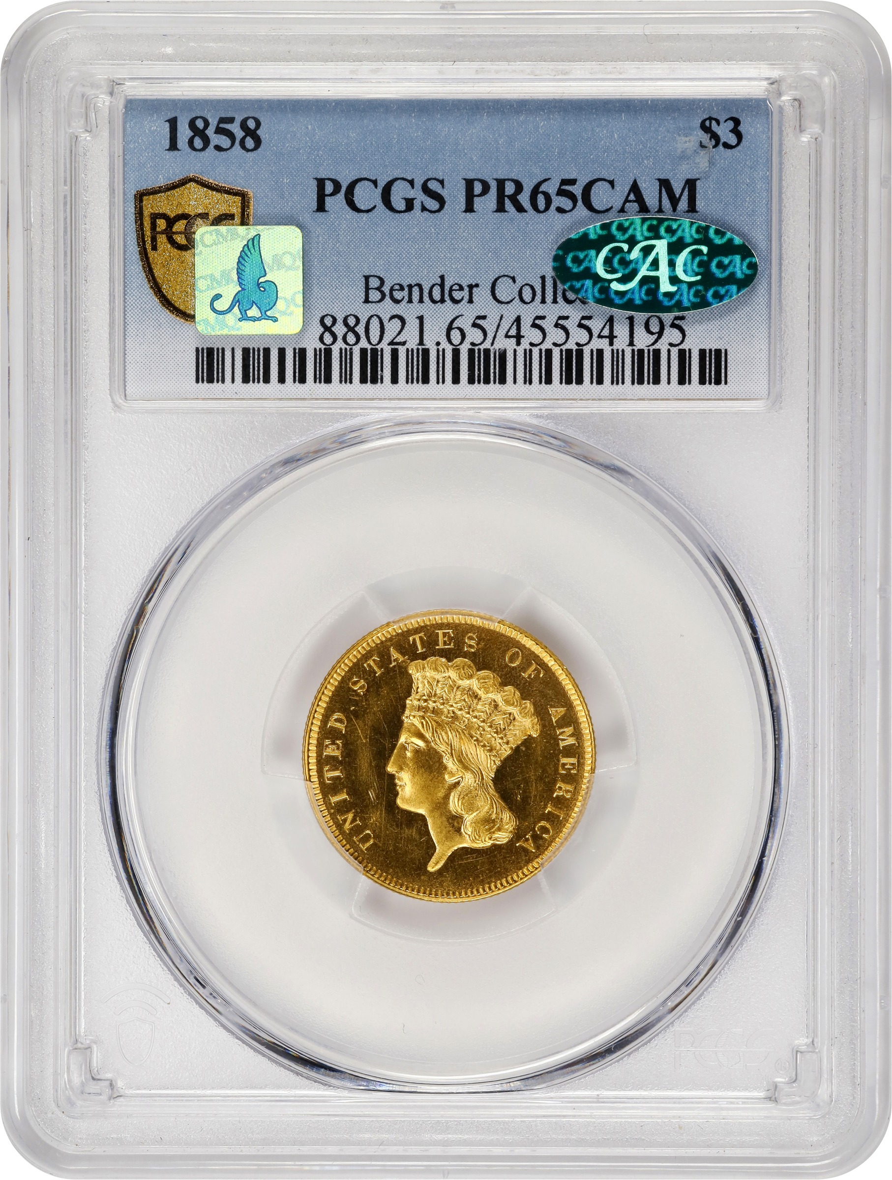 image for: 1858 Three-Dollar Gold Piece. JD-1. Rarity-7-. Proof-65 Cameo (PCGS). CAC. CMQ.