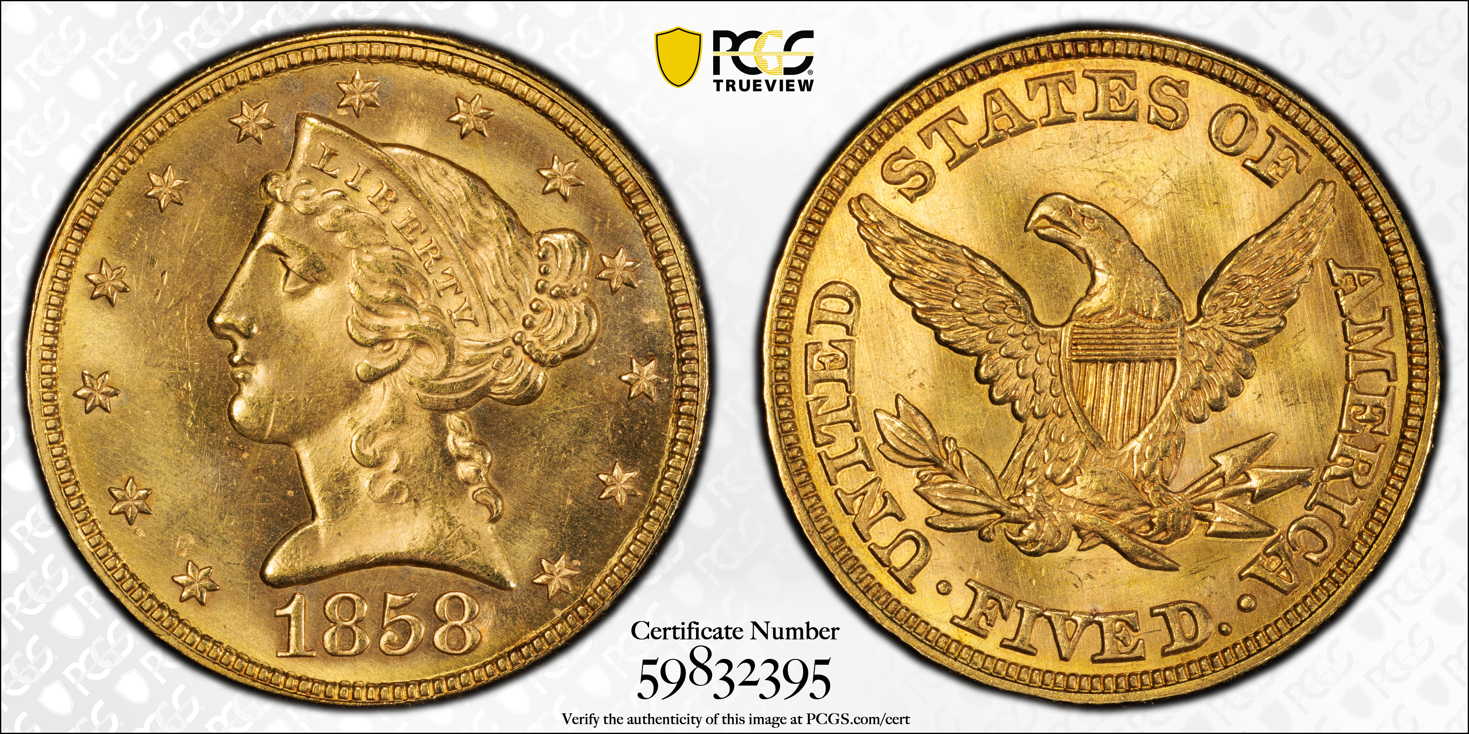 image for: 1858 Liberty Head Half Eagle. MS-66 (PCGS). CMQ.