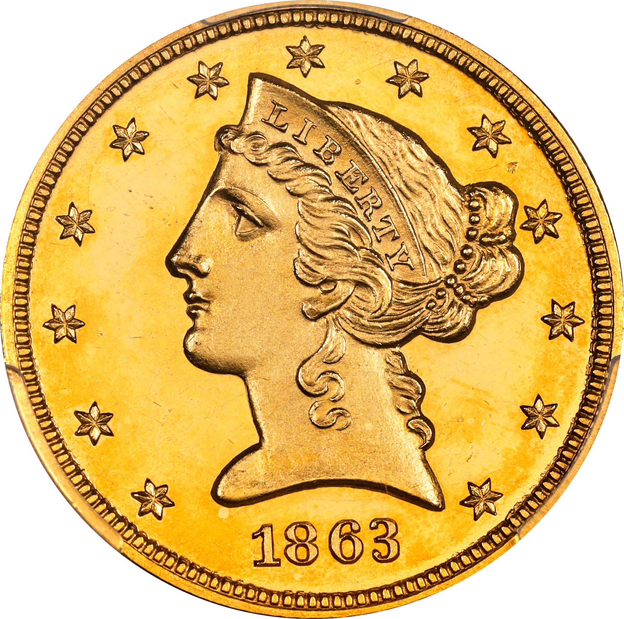 image for: 1863 Liberty Head Half Eagle. JD-1. Rarity-6+. Proof-65 Cameo (PCGS).