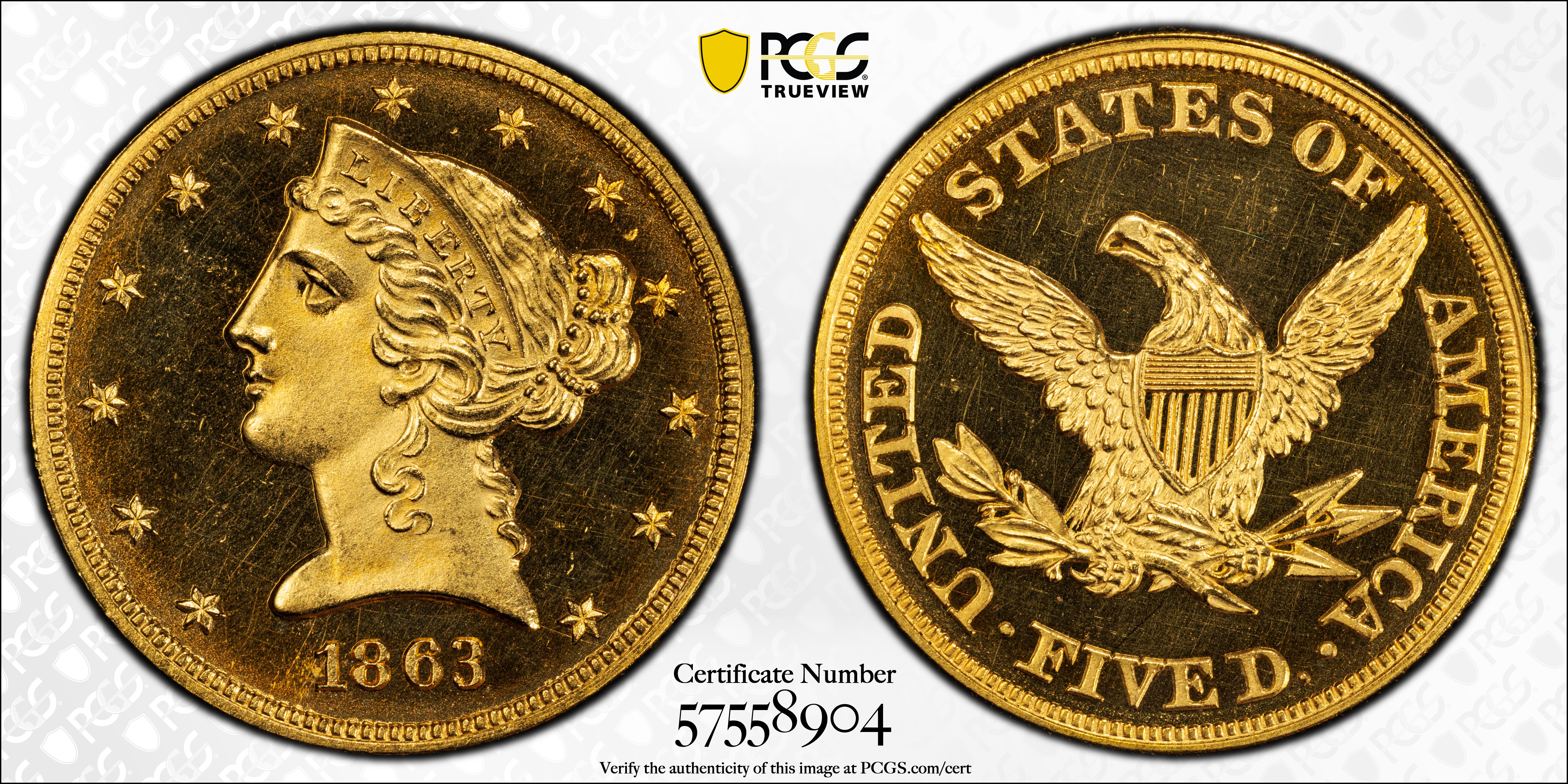 image for: 1863 Liberty Head Half Eagle. JD-1. Rarity-6+. Proof-65 Cameo (PCGS).