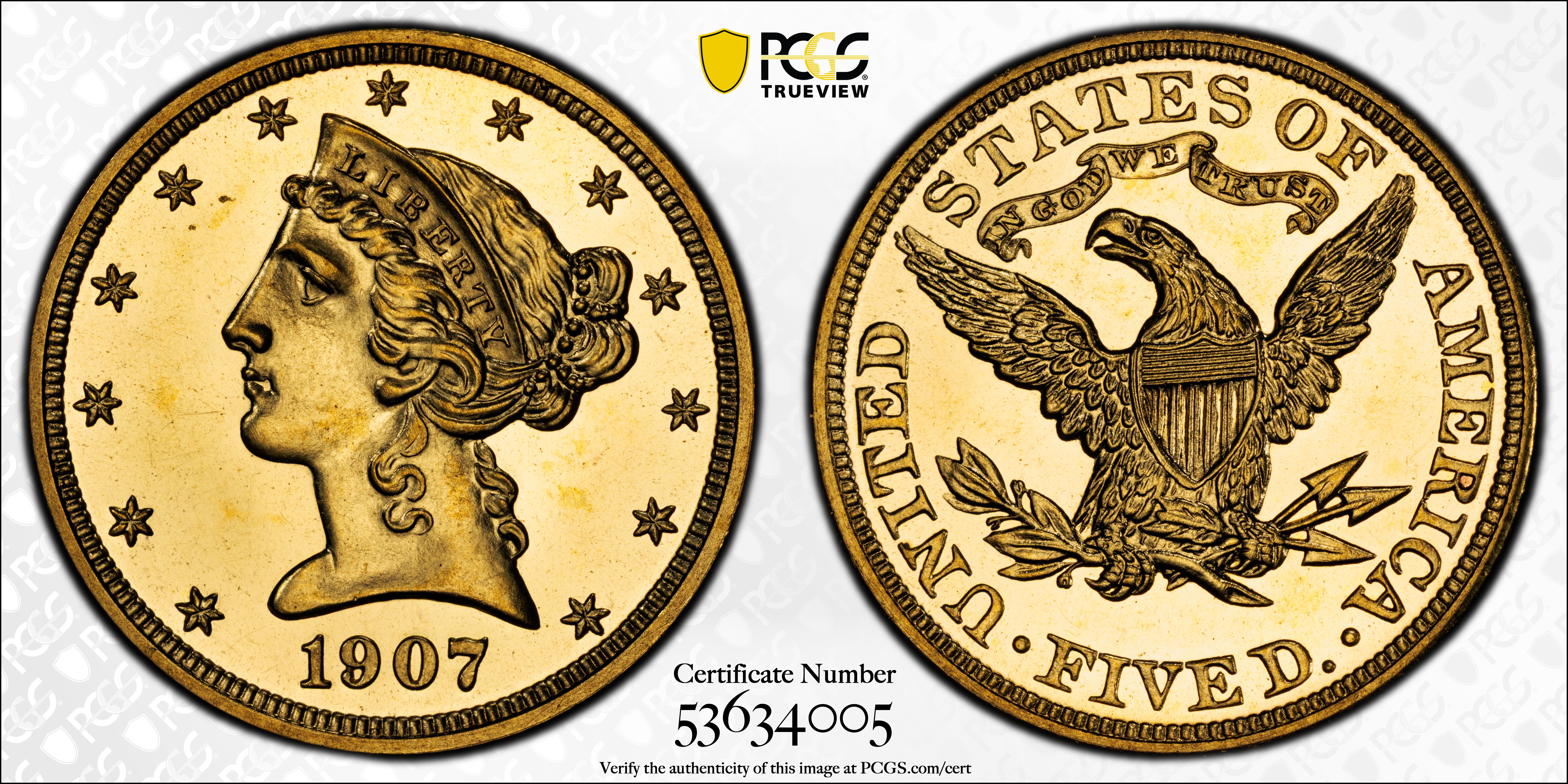 image for: 1907 Liberty Head Half Eagle. JD-1. Rarity-5-. Proof-64 Cameo (PCGS). CMQ-X.