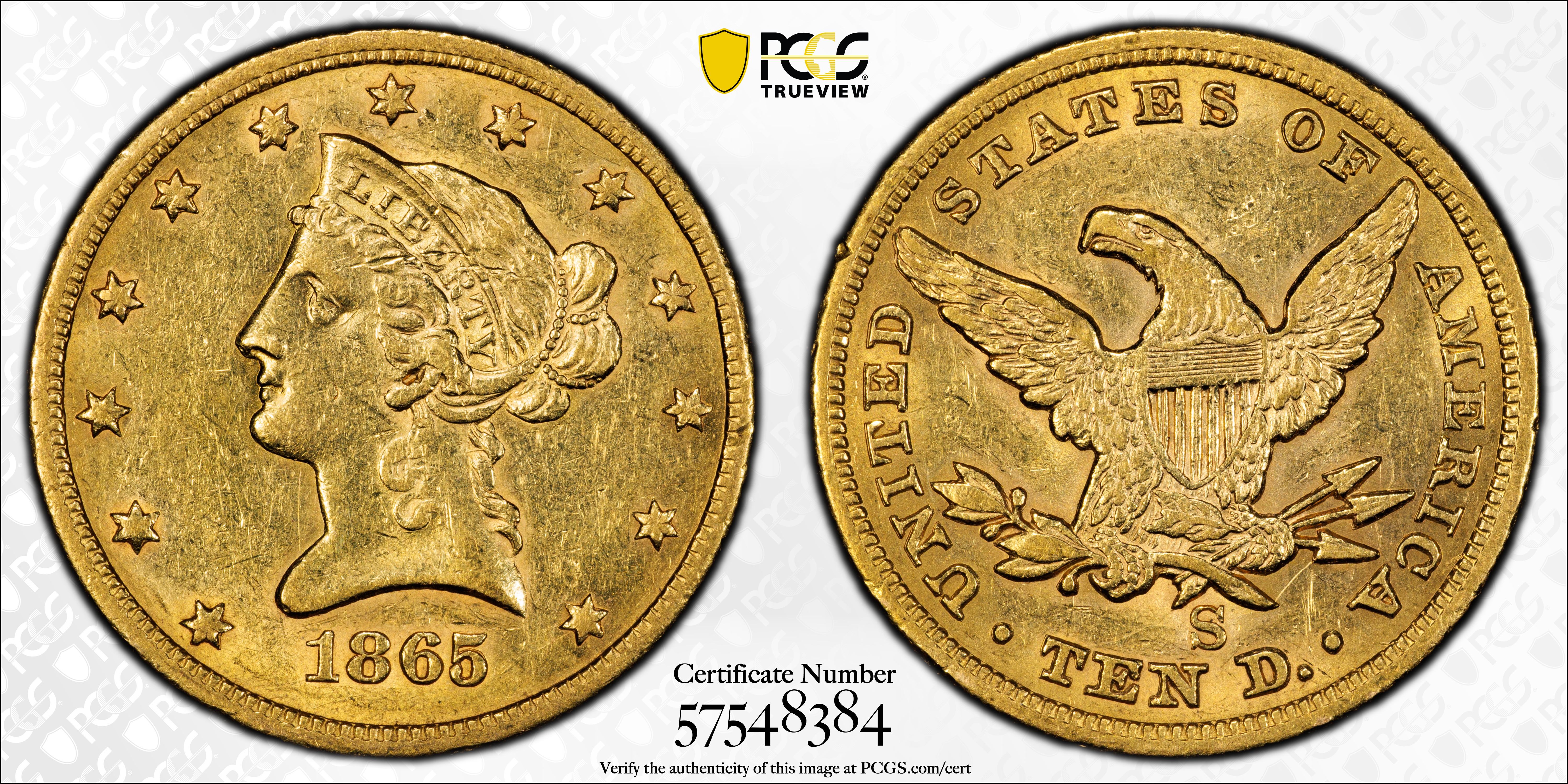 image for: 1865-S Liberty Head Eagle. AU-55 (PCGS).