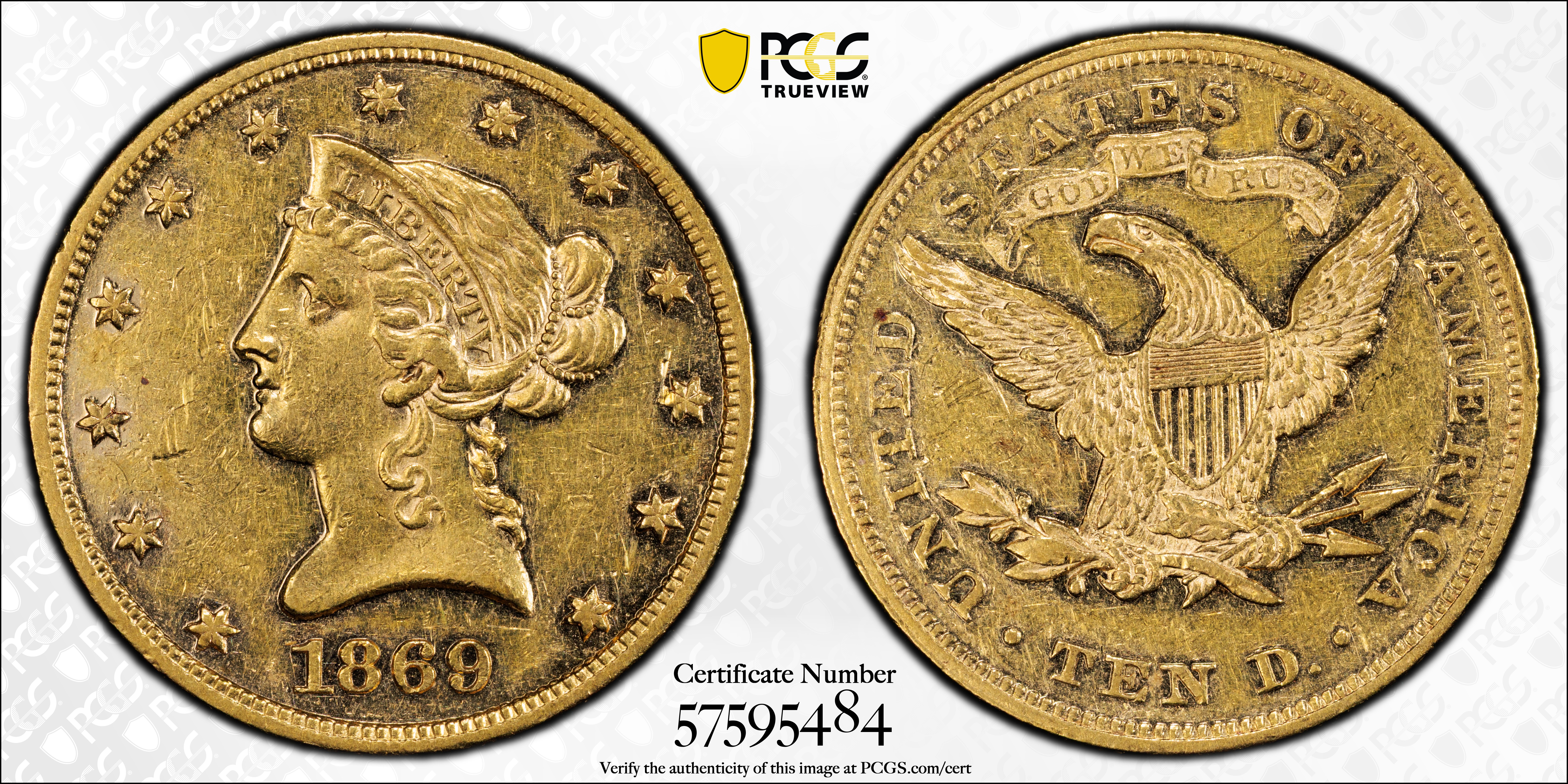 image for: 1869 Liberty Head Eagle. AU-55 (PCGS).