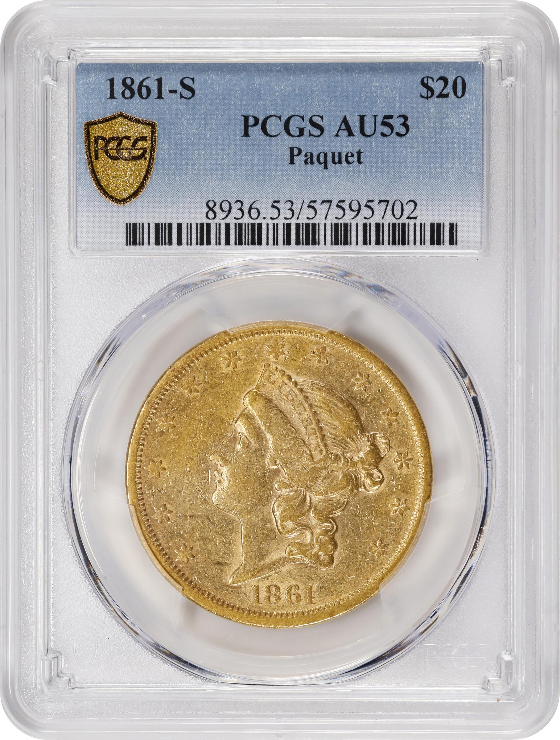 image for: 1861-S Liberty Head Double Eagle. A.C. Paquet Reverse. AU-53 (PCGS).
