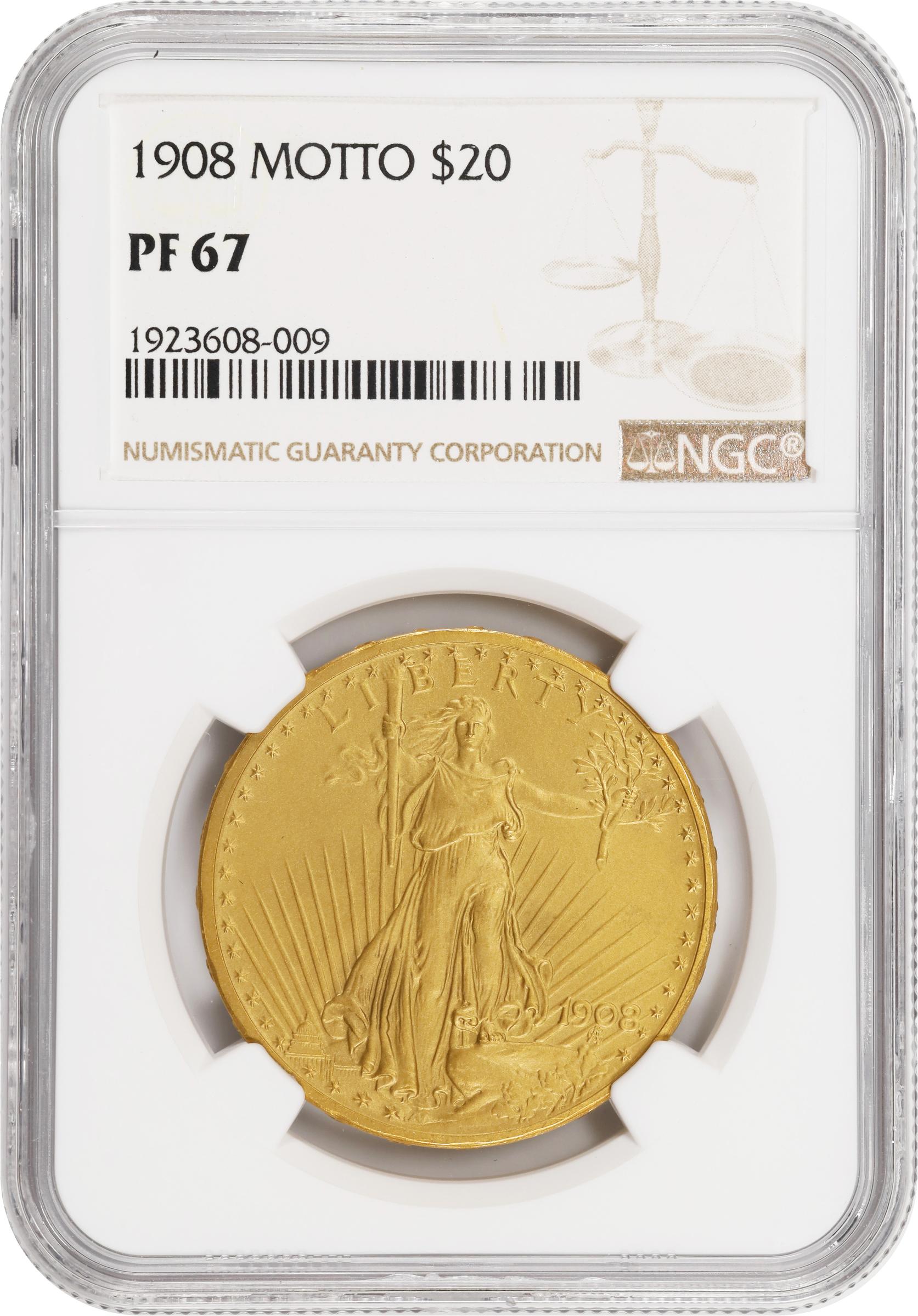 image for: 1908 Saint-Gaudens Double Eagle. Motto. JD-1. Rarity-5-. Sand Blast Finish. Proof-67 (NGC).