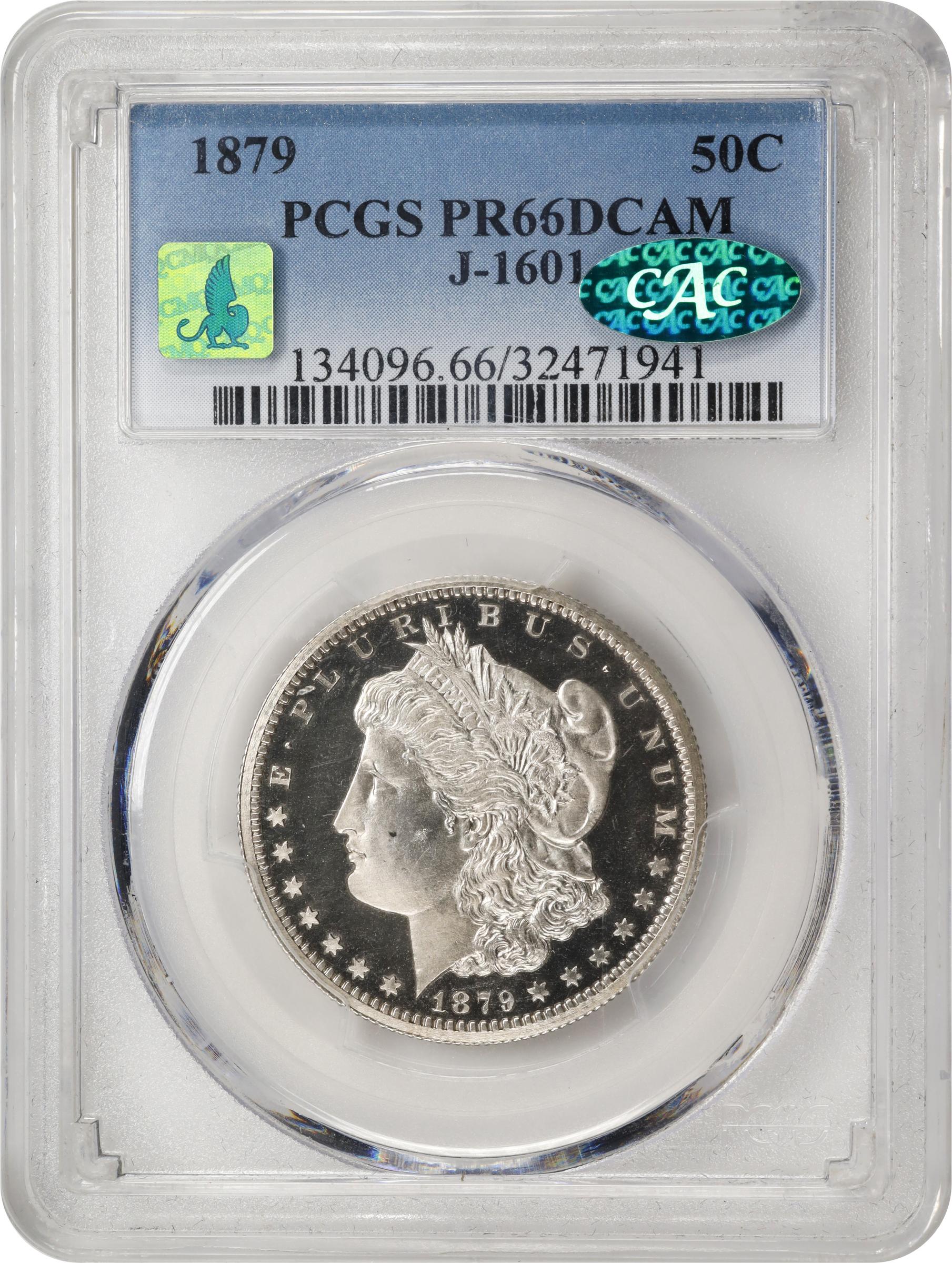 image for: 1879 Pattern Morgan Half Dollar. Judd-1601, Pollock-1796. Rarity-6+. Silver. Reeded Edge. Proof-66 Deep Cameo (PCGS). CAC. CMQ.