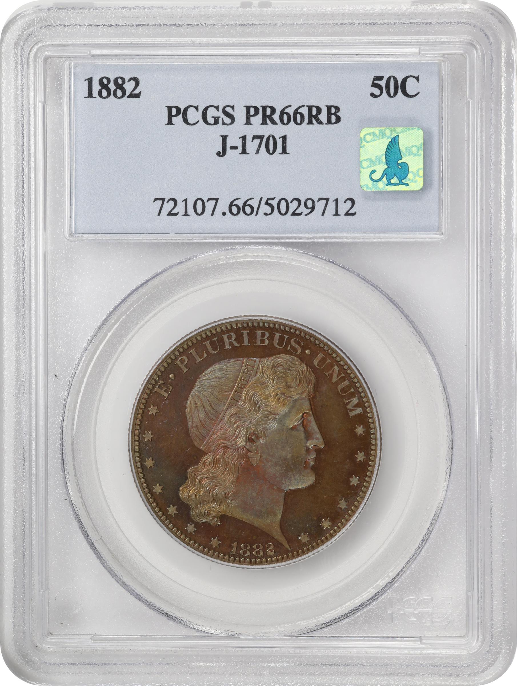 image for: 1882 Pattern Shield Earring Half Dollar. Judd-1701, Pollock-1903. Rarity-7+. Copper. Reeded Edge. Proof-66 RB (PCGS). CMQ.