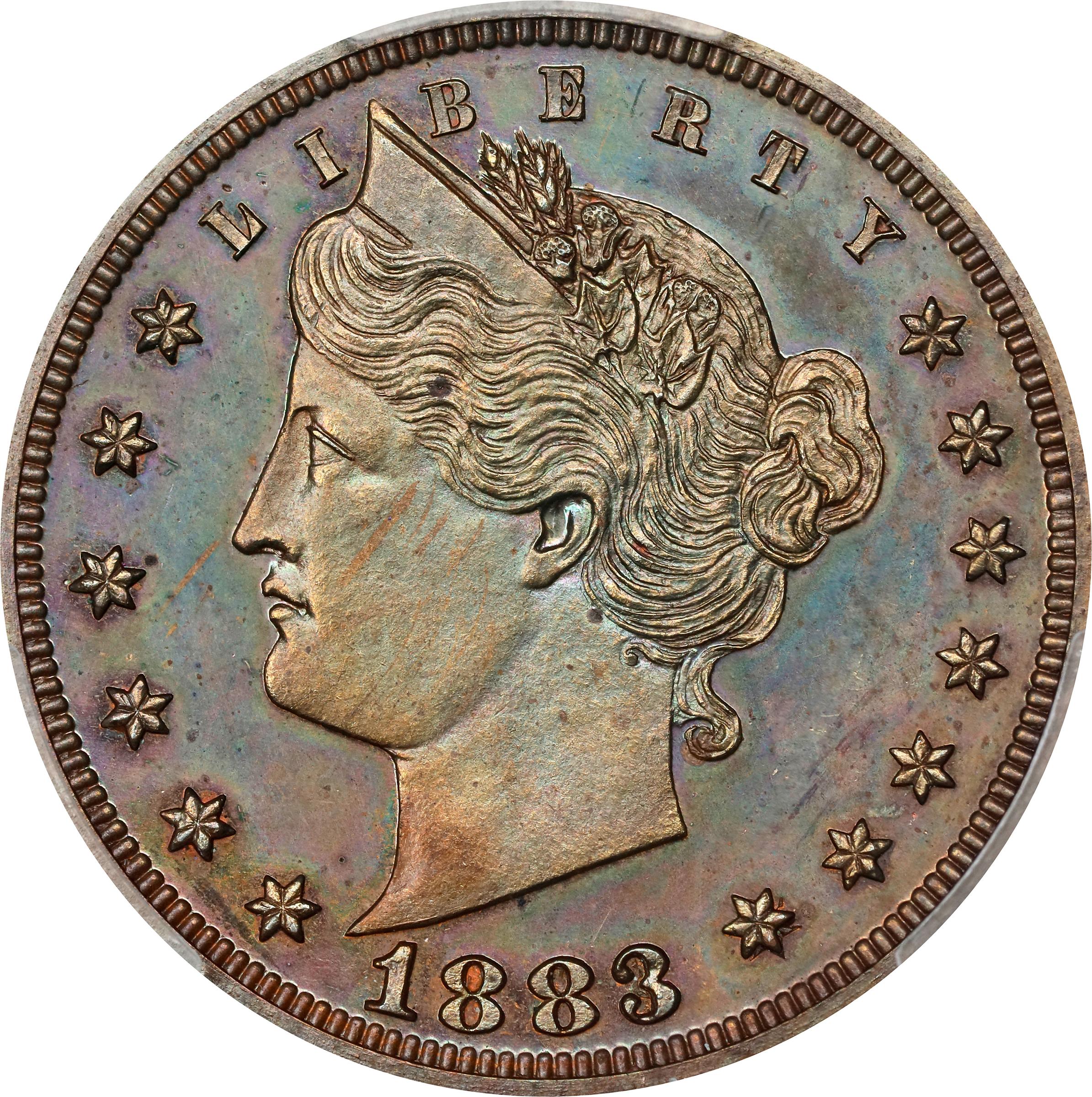 image for: 1883 Pattern Liberty Head Nickel. Judd-1715, Pollock-1920. Rarity-7+. Copper. Plain Edge. Proof-64+ BN (PCGS).