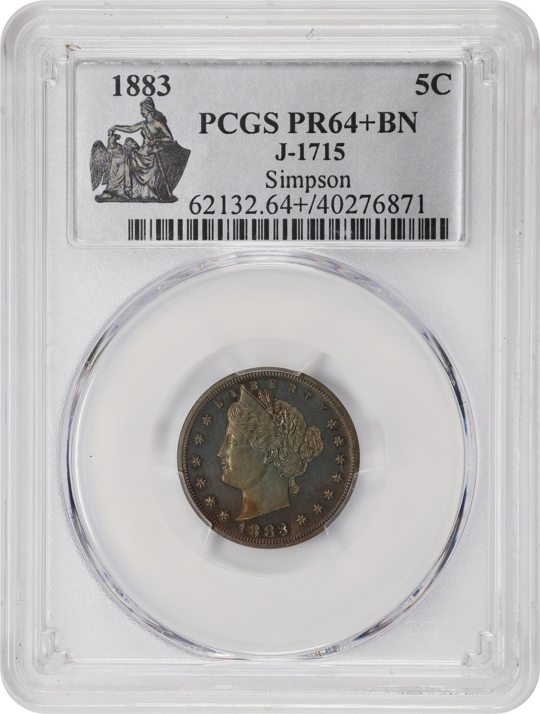 image for: 1883 Pattern Liberty Head Nickel. Judd-1715, Pollock-1920. Rarity-7+. Copper. Plain Edge. Proof-64+ BN (PCGS).