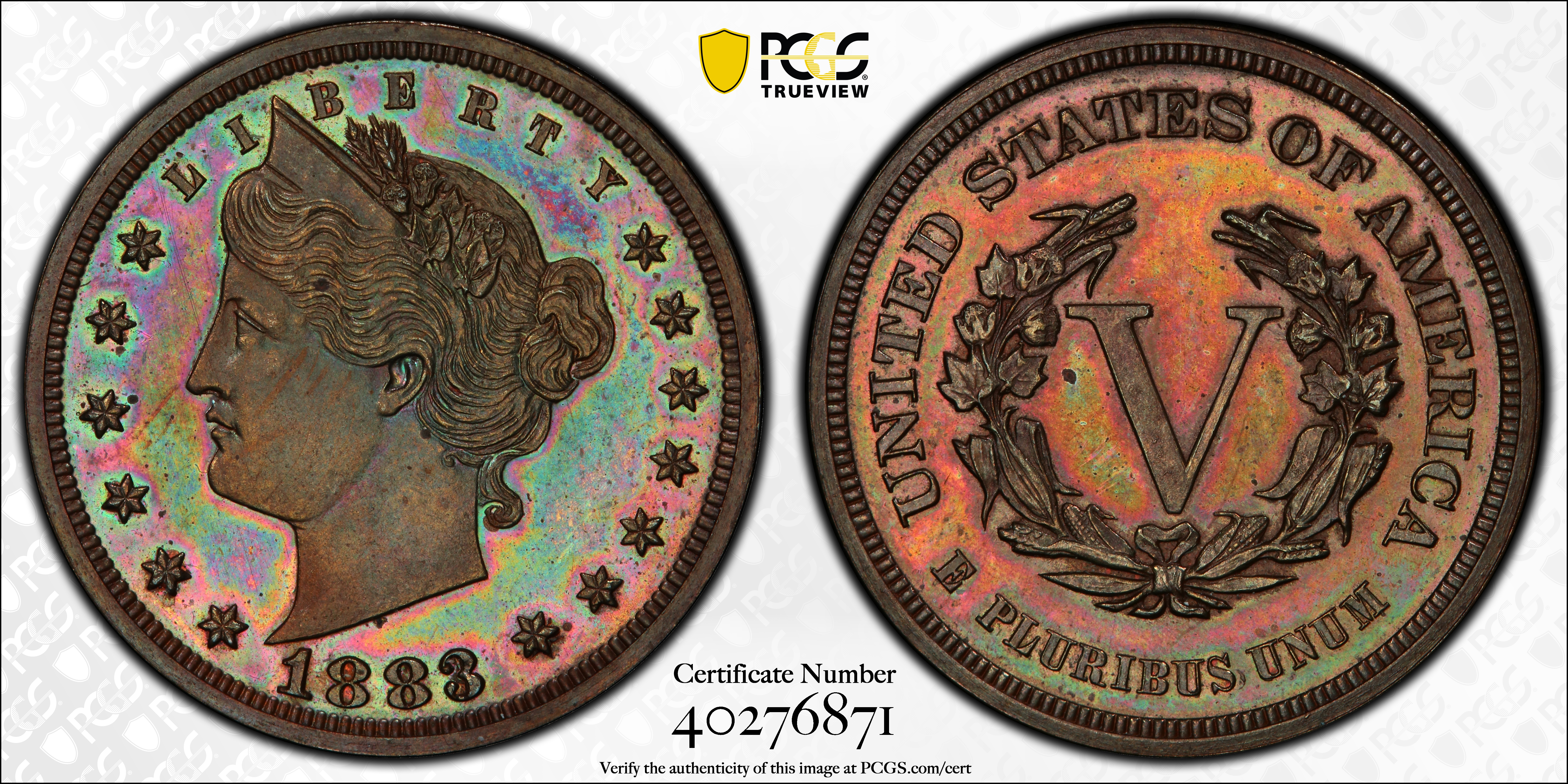 image for: 1883 Pattern Liberty Head Nickel. Judd-1715, Pollock-1920. Rarity-7+. Copper. Plain Edge. Proof-64+ BN (PCGS).
