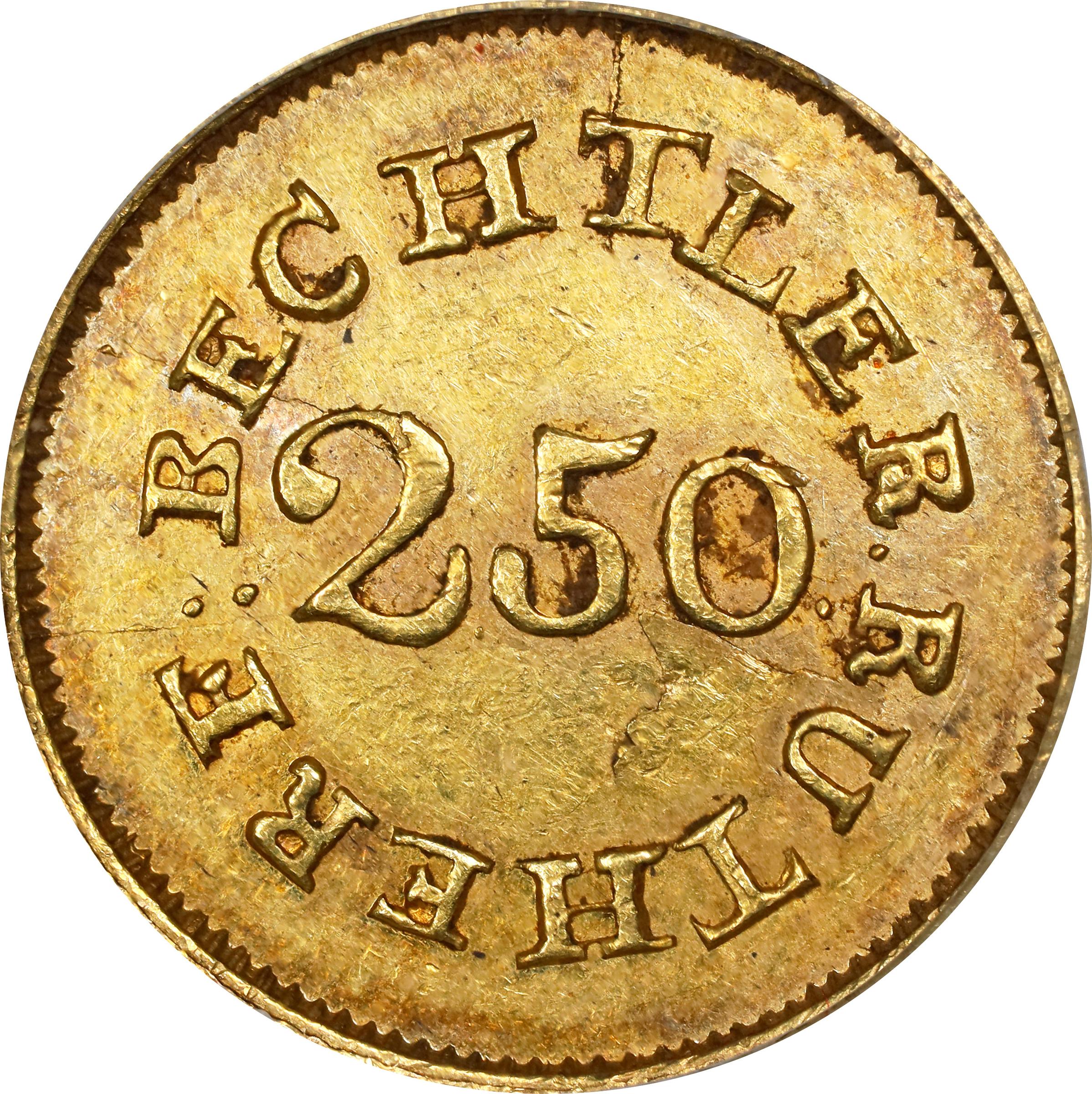 image for: Undated (1837-1842) Christopher Bechtler $2.50. K-11. Rarity-5+. 64.G., 22 CARATS, Uneven 22. AU-53 (PCGS). Gold CAC. CMQ-X.