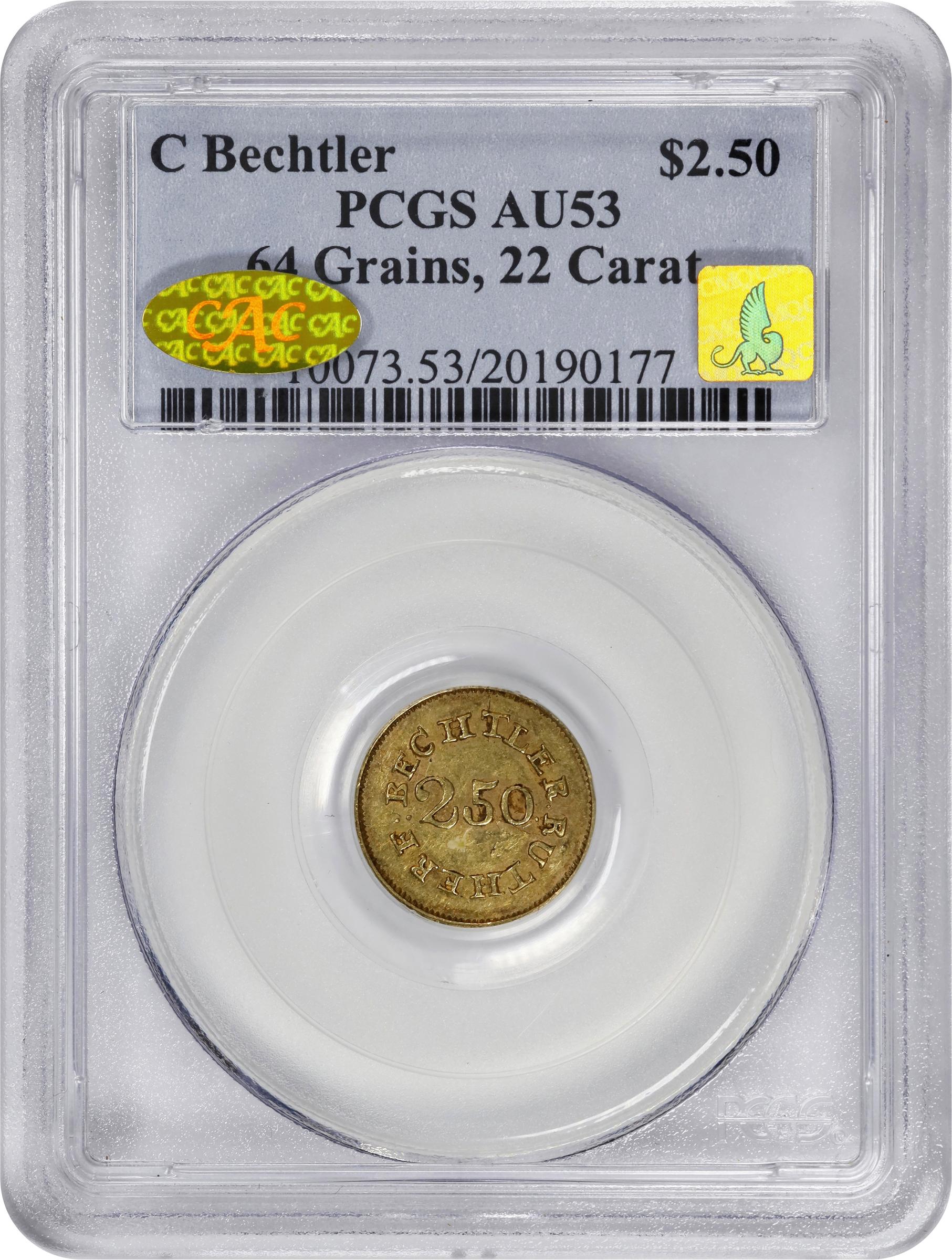 image for: Undated (1837-1842) Christopher Bechtler $2.50. K-11. Rarity-5+. 64.G., 22 CARATS, Uneven 22. AU-53 (PCGS). Gold CAC. CMQ-X.