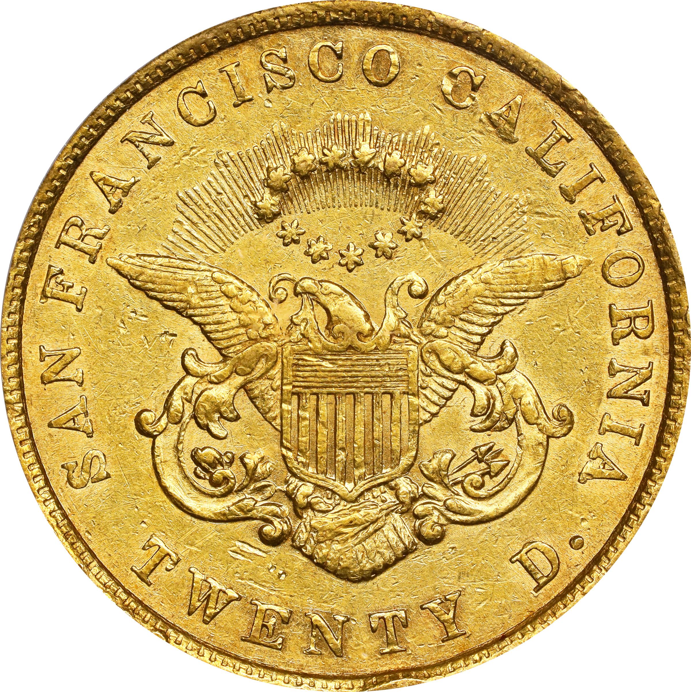 image for: 1853 United States Assay Office of Gold--Moffat $20. K-19. Rarity-6-. AU-50 (PCGS).