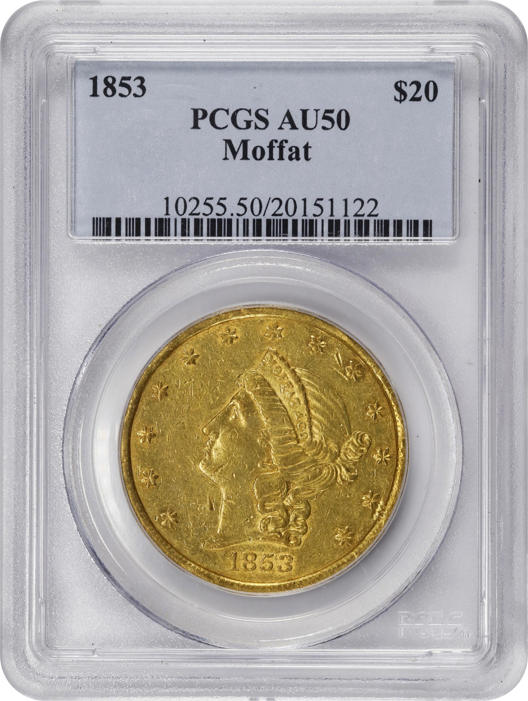 image for: 1853 United States Assay Office of Gold--Moffat $20. K-19. Rarity-6-. AU-50 (PCGS).